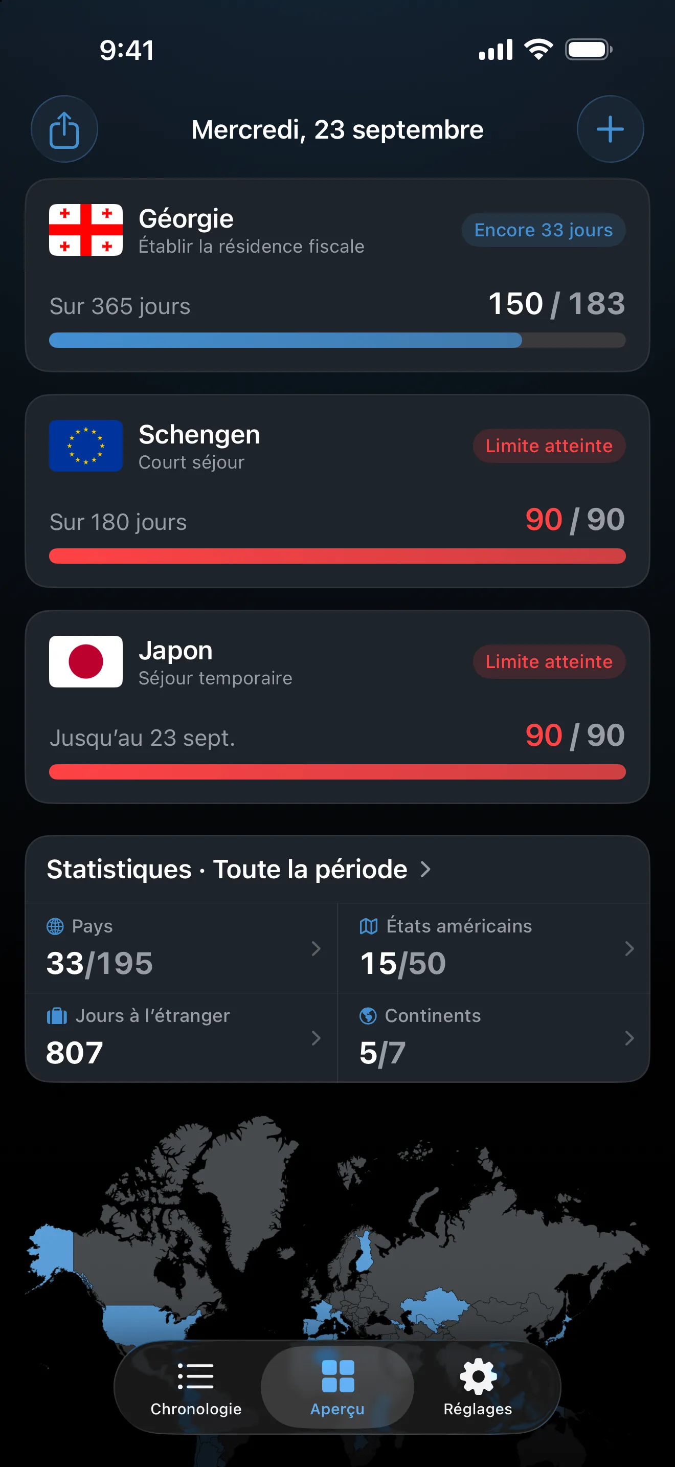 L’aperçu AtlasDays avec les suivis Schengen et Japon (visiteur) tous deux en rouge à 90 jours sur 90, marqués Limite atteinte