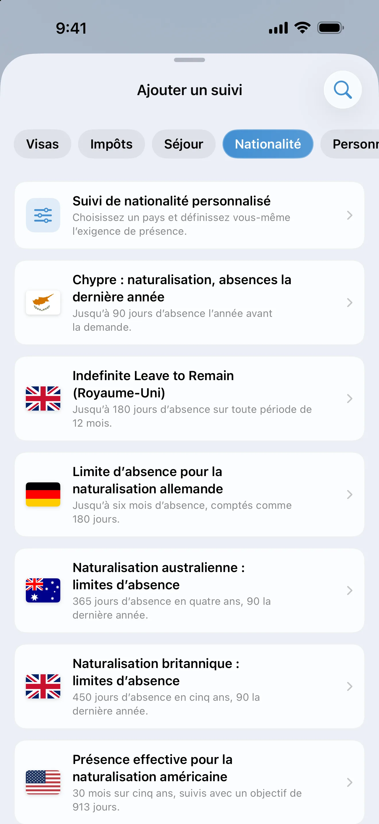 L’écran Ajouter un suivi d’AtlasDays filtré sur Nationalité, avec les préréglages pour l’Australie, Chypre, l’Allemagne, la Nouvelle-Zélande, le Royaume-Uni et les États-Unis