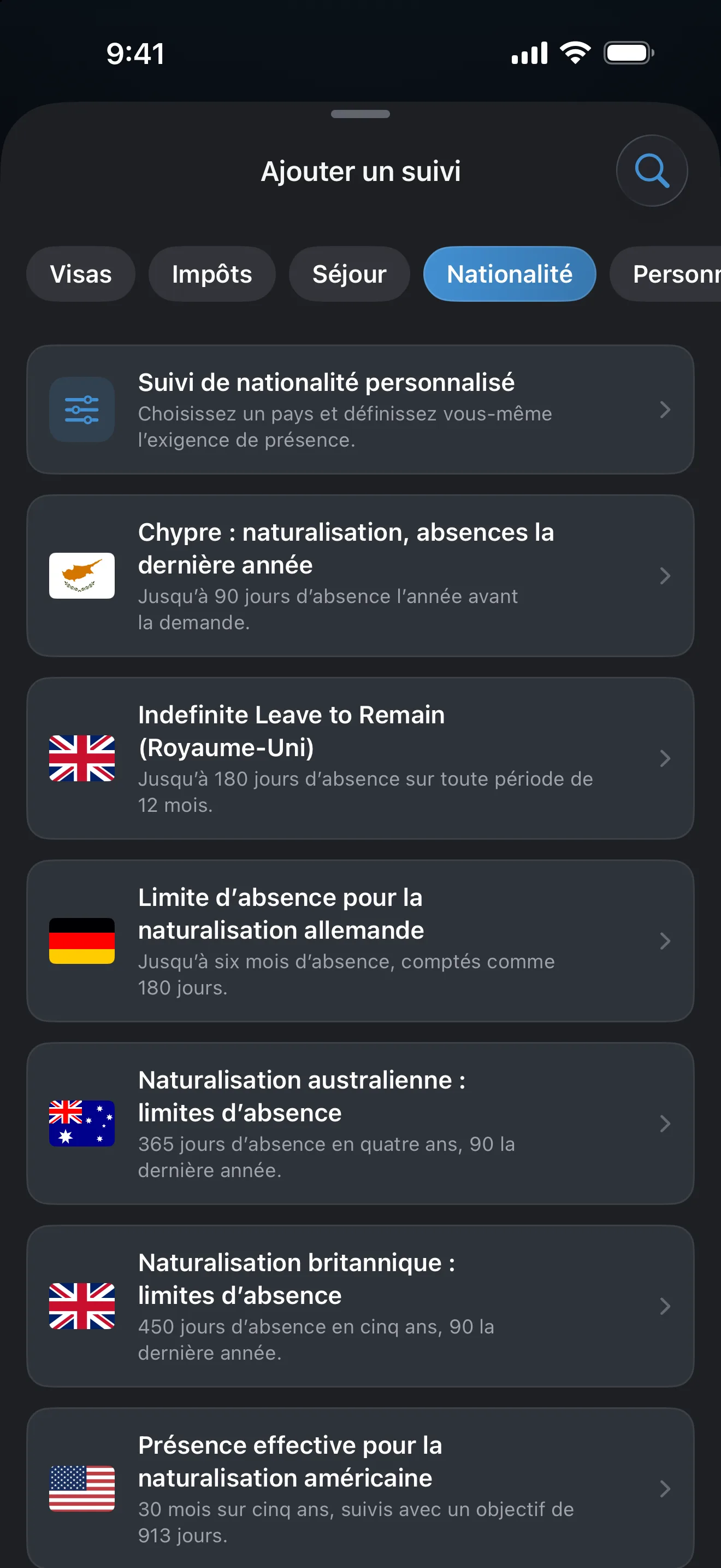 L’écran Ajouter un suivi d’AtlasDays filtré sur Nationalité, avec les préréglages pour l’Australie, Chypre, l’Allemagne, la Nouvelle-Zélande, le Royaume-Uni et les États-Unis