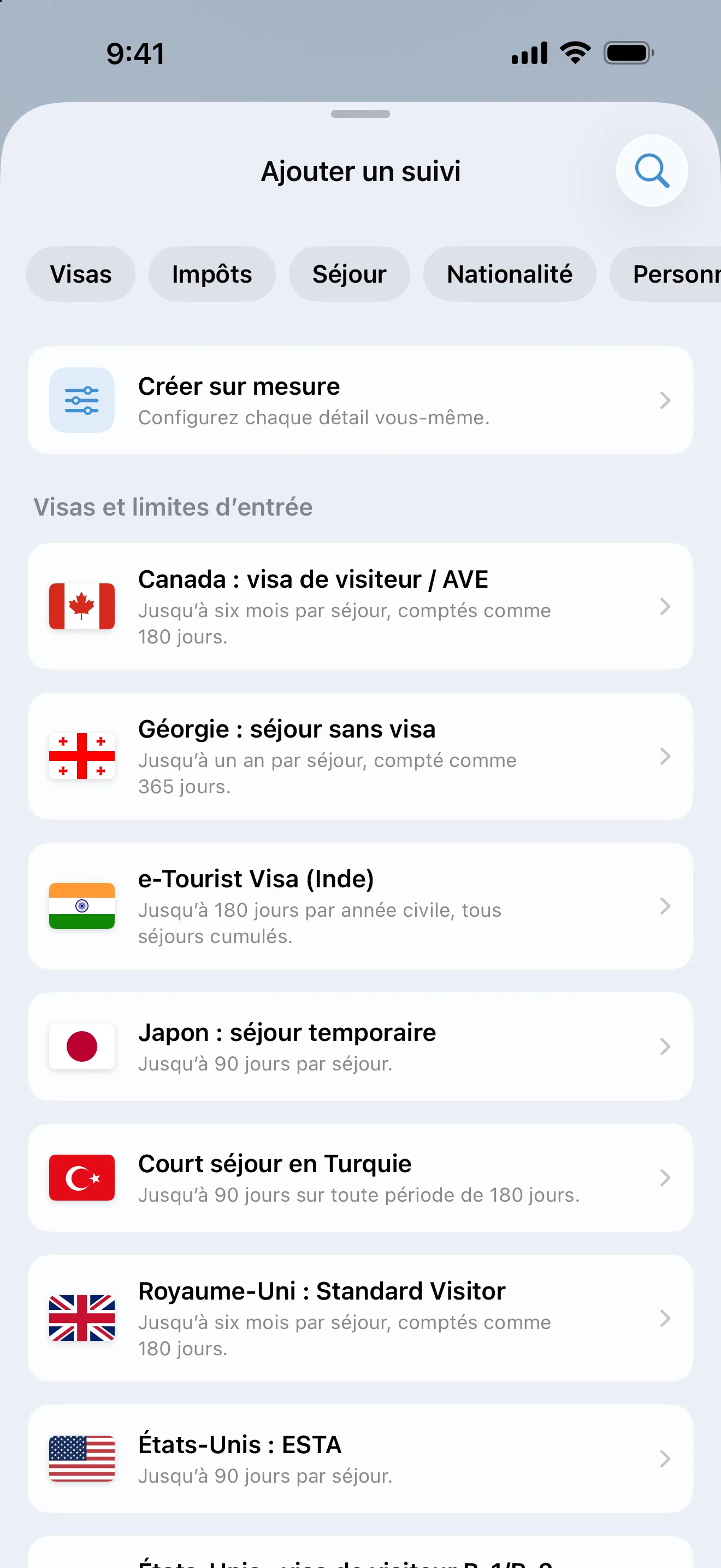 L’écran Ajouter un suivi d’AtlasDays, avec des filtres Visas, Impôts, Séjour et Nationalité au-dessus de règles de visa et de limite d’entrée prêtes à l’emploi