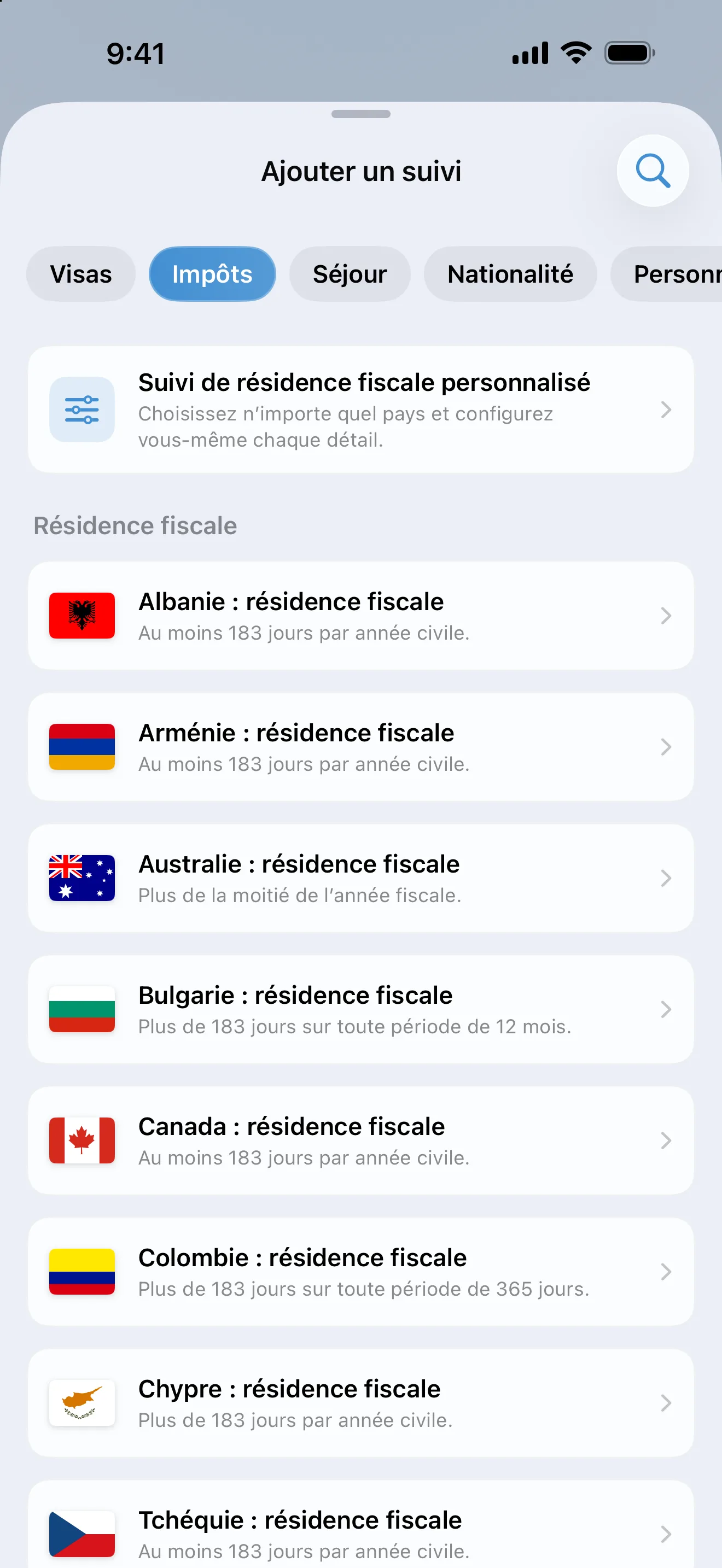 L’écran Ajouter un suivi d’AtlasDays filtré sur Impôts, avec les préréglages de résidence fiscale de l’Albanie à la Tchéquie et leurs tests en jours