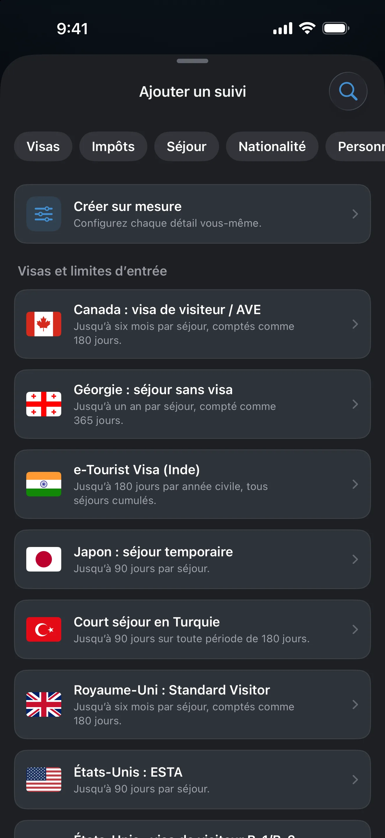 L’écran Ajouter un suivi d’AtlasDays, avec des filtres Visas, Impôts, Séjour et Nationalité au-dessus de règles de visa et de limite d’entrée prêtes à l’emploi