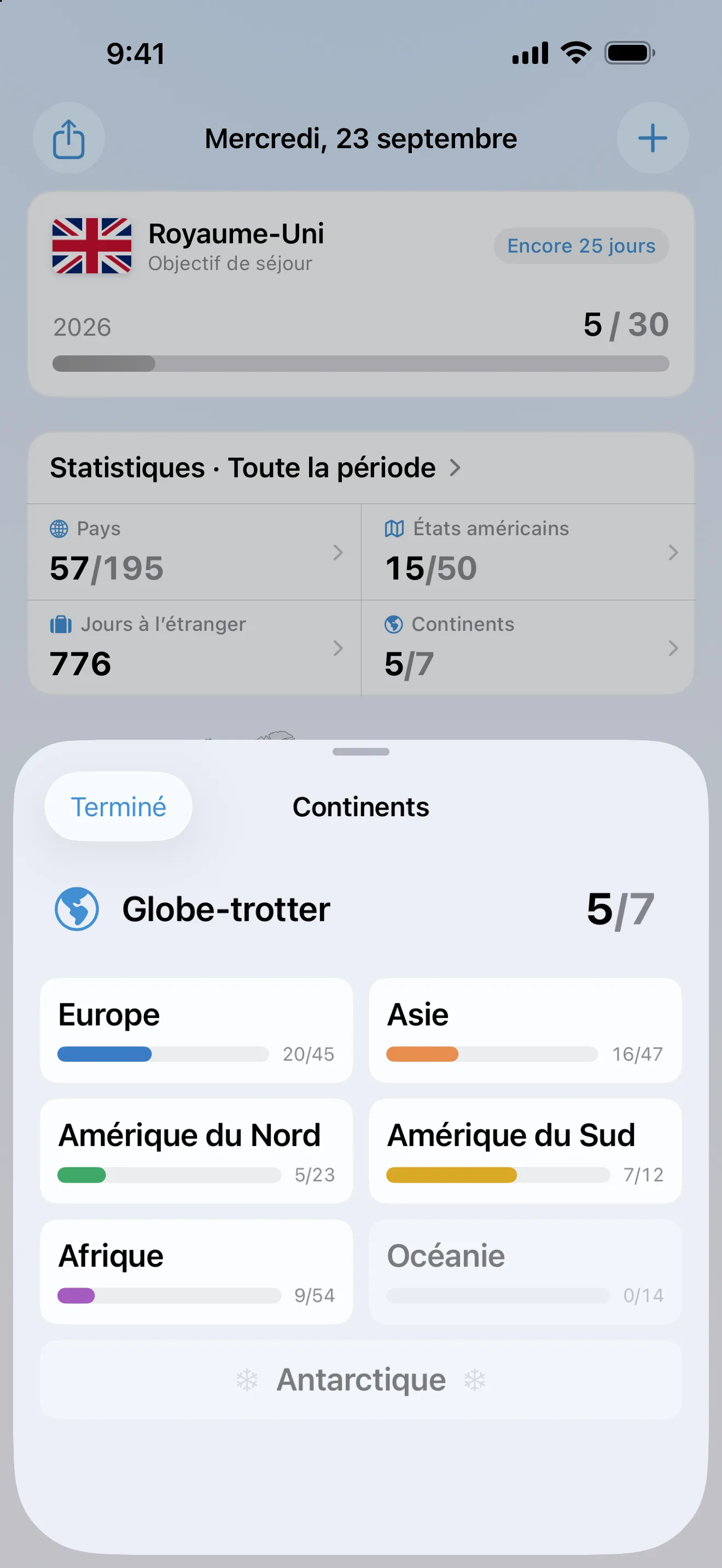 La fiche Continents d’AtlasDays ouverte depuis les statistiques de l’aperçu : 5 continents sur 7, avec l’Europe à 20 sur 45, l’Asie à 16 sur 47, l’Amérique du Nord à 5 sur 23, l’Amérique du Sud à 7 sur 12, et l’Afrique à 9 sur 54