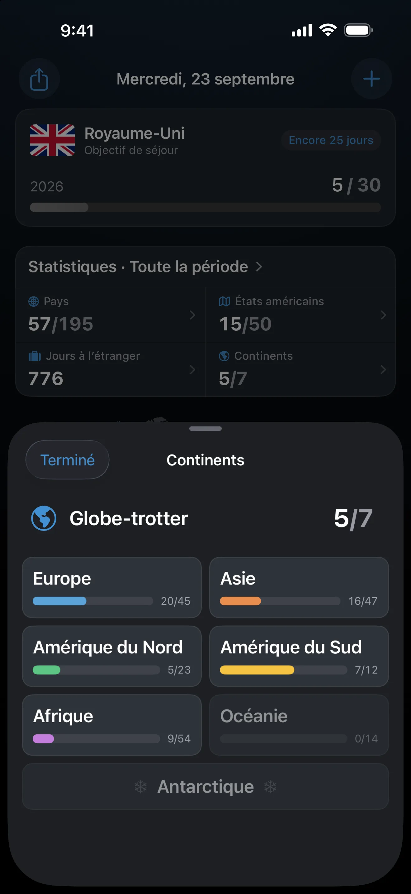 La fiche Continents d’AtlasDays ouverte depuis les statistiques de l’aperçu : 5 continents sur 7, avec l’Europe à 20 sur 45, l’Asie à 16 sur 47, l’Amérique du Nord à 5 sur 23, l’Amérique du Sud à 7 sur 12, et l’Afrique à 9 sur 54