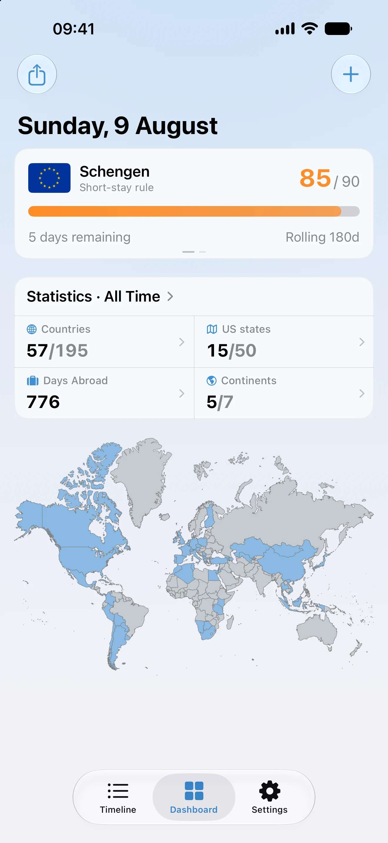 The AtlasDays dashboard, showing a Schengen tracker at 85 of 90 days alongside all-time statistics and the world map