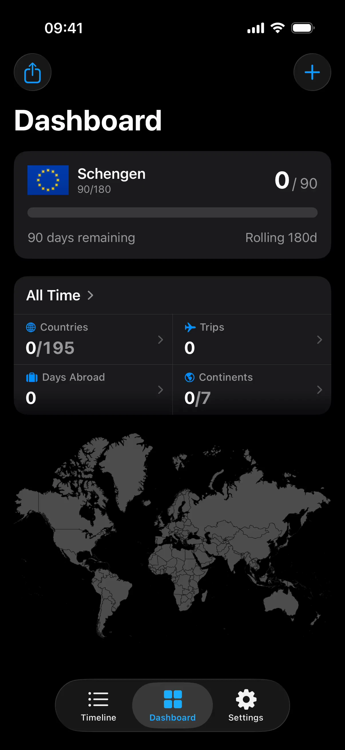 AtlasDays dashboard showing the Schengen tracker, all-time stats, and the world map