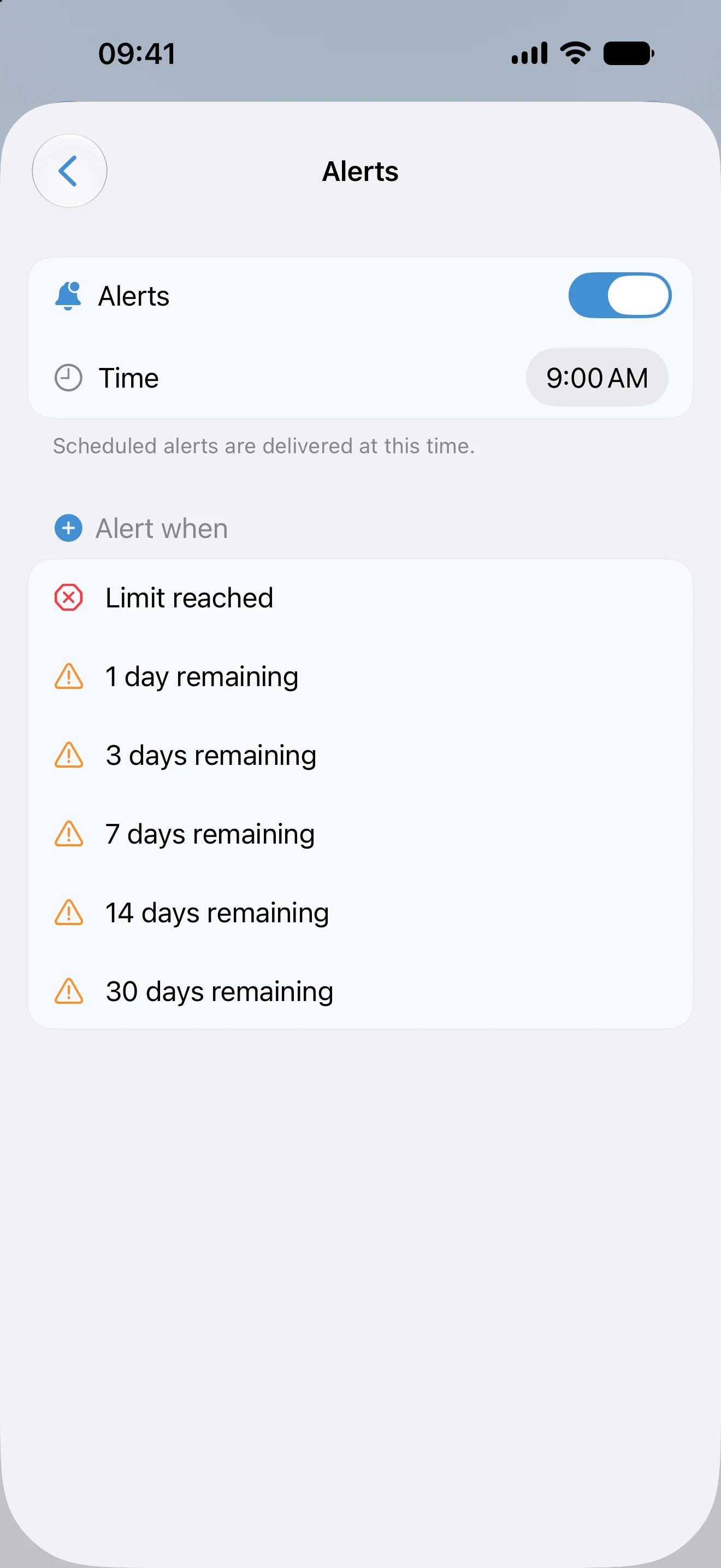 AtlasDays tracker alert settings, with a delivery time and warnings from 30 days remaining down to limit reached