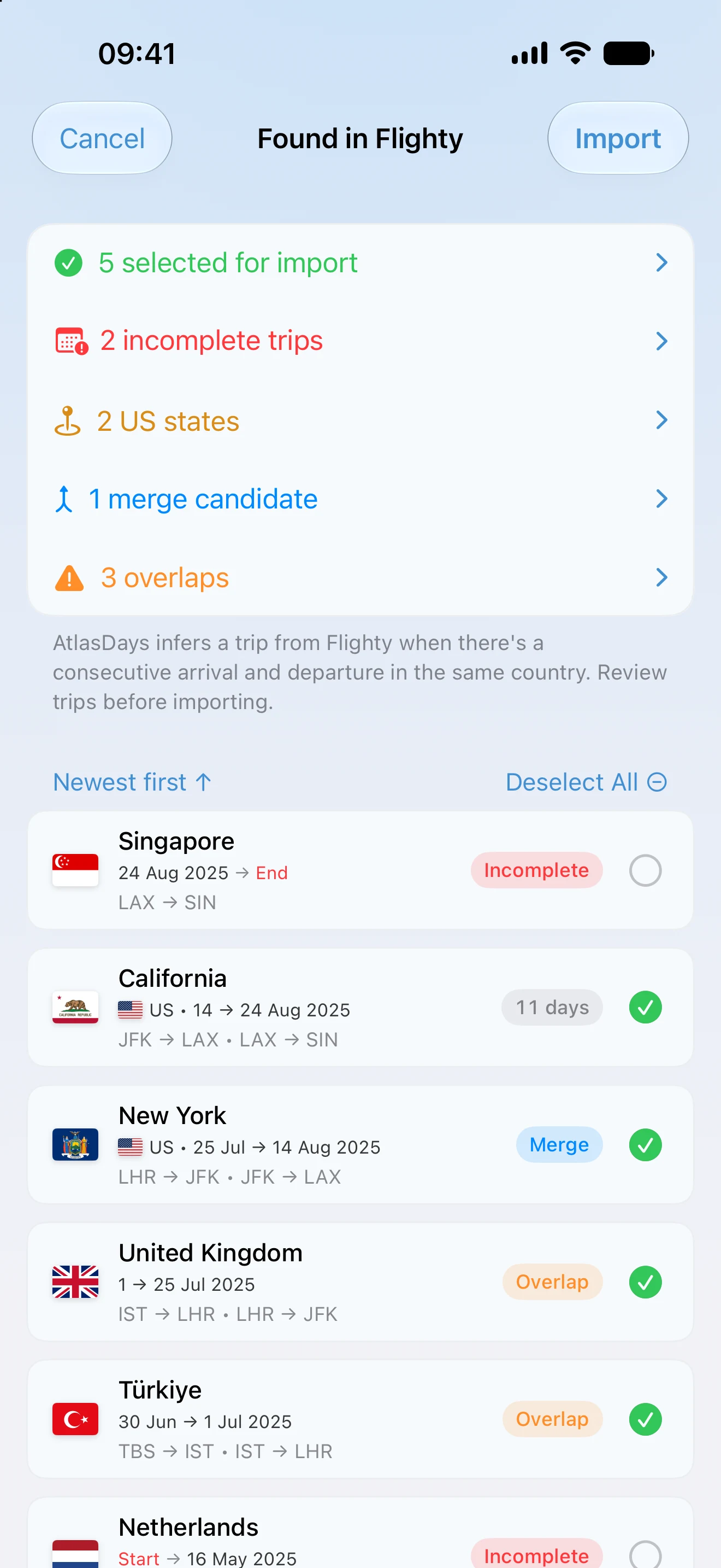 An AtlasDays import review of a Flighty flight history, flagging incomplete trips, US states, a merge candidate, and overlapping trips before saving
