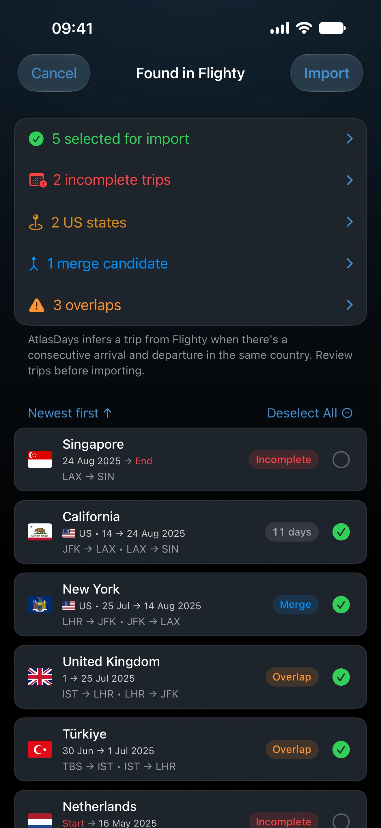 An AtlasDays import review of a Flighty flight history, flagging incomplete trips, US states, a merge candidate, and overlapping trips before saving