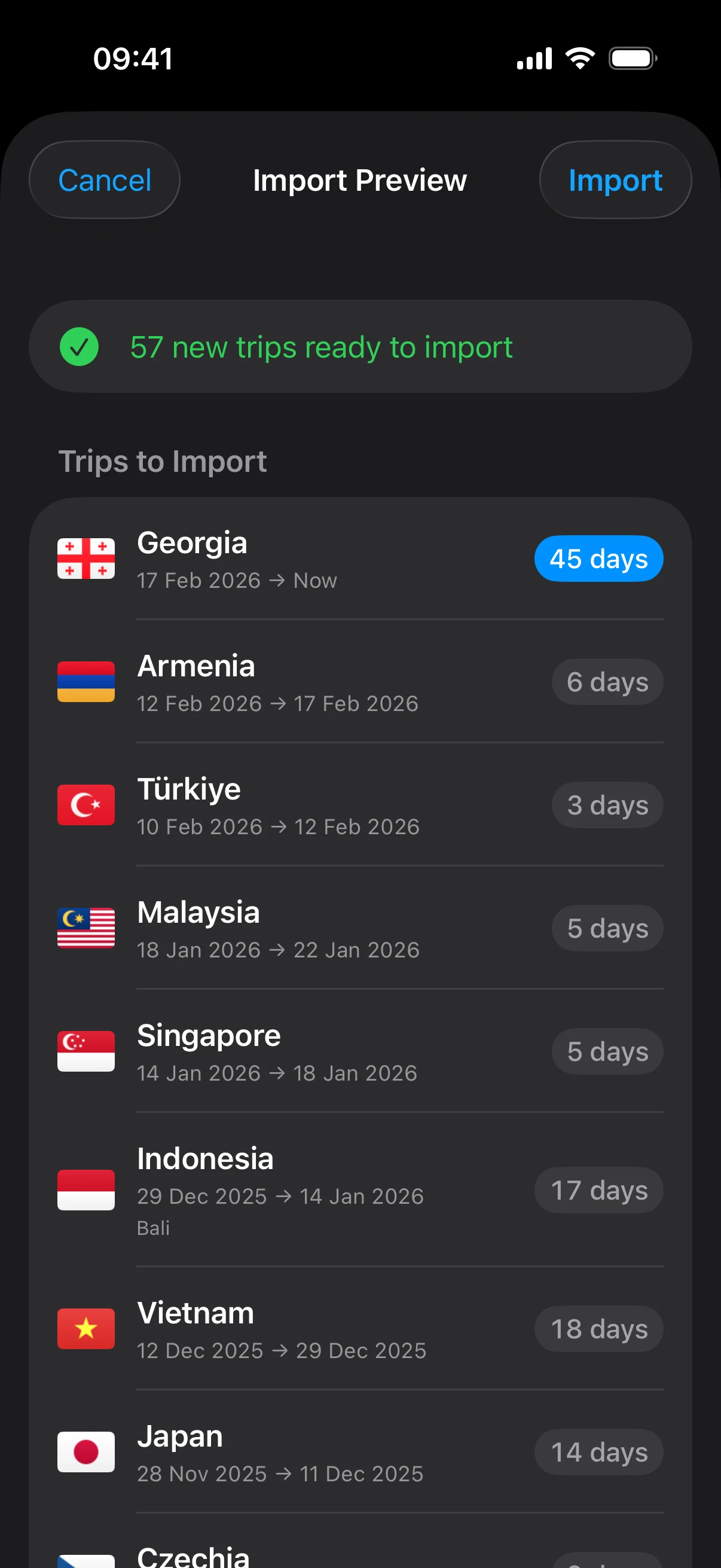 AtlasDays CSV import preview showing a file before saving