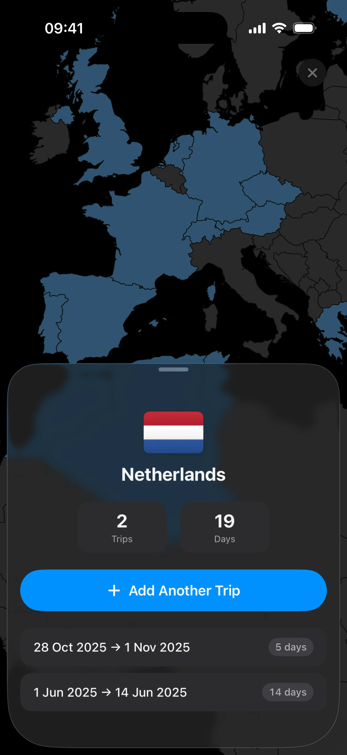 AtlasDays world map with visited countries highlighted, and a Netherlands country detail card showing trips and days
