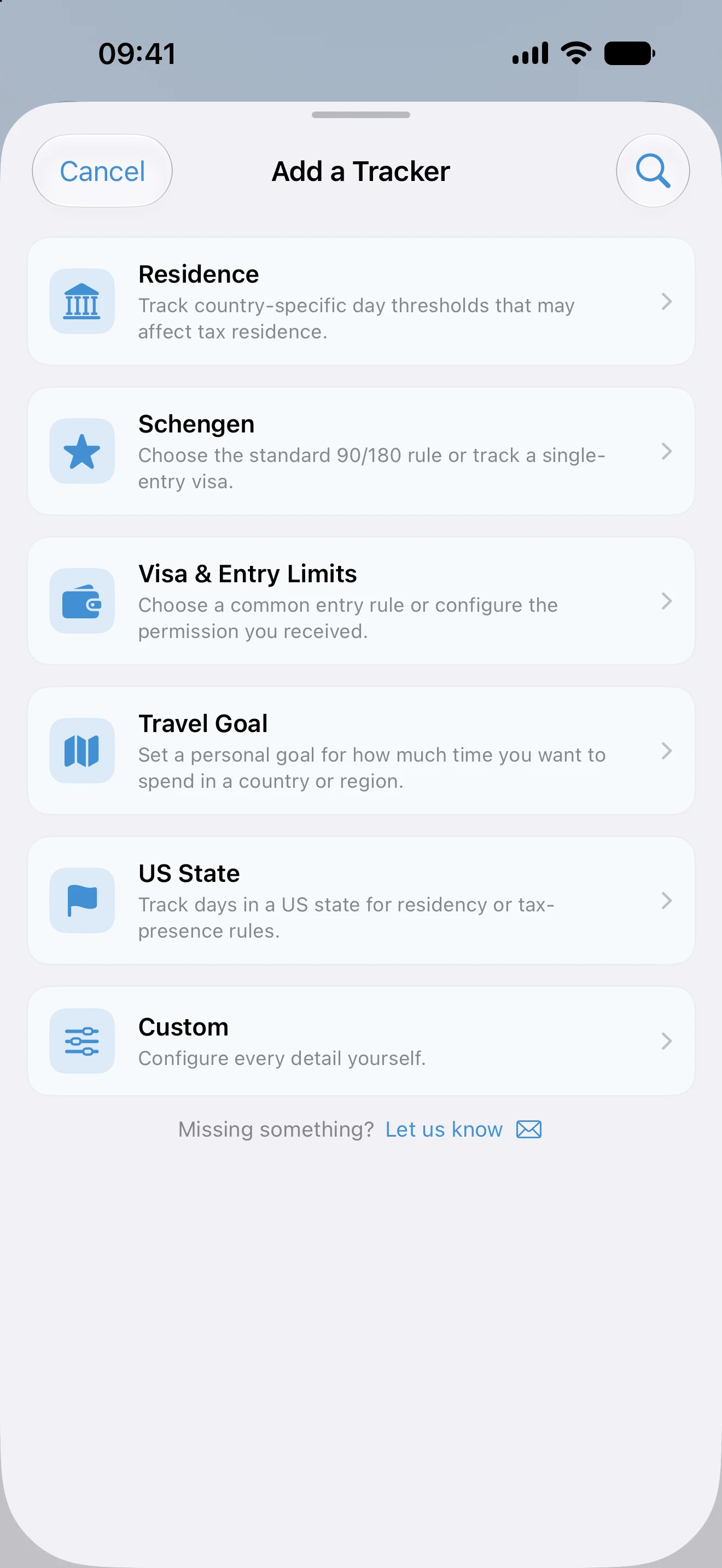The AtlasDays Add a Tracker screen, listing presets for residence, Schengen, visa and entry limits, travel goals, and US states