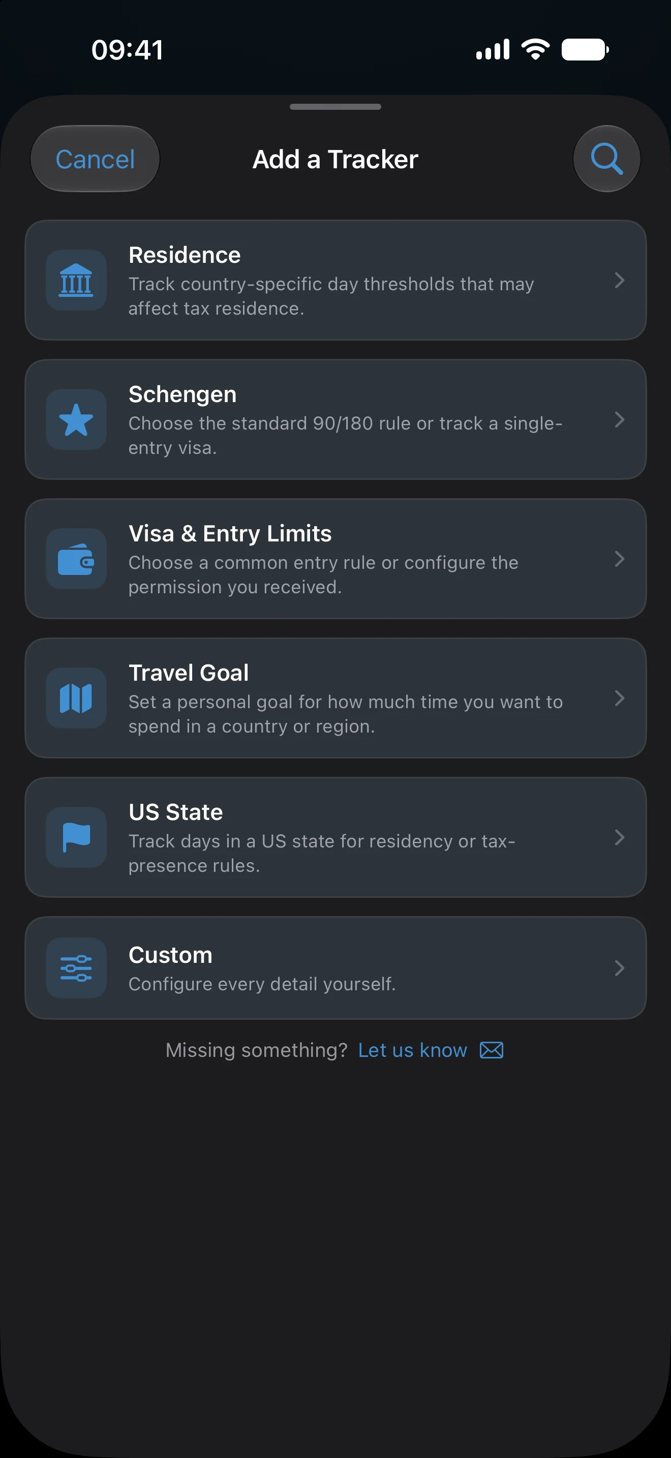 The AtlasDays Add a Tracker screen, listing presets for residence, Schengen, visa and entry limits, travel goals, and US states