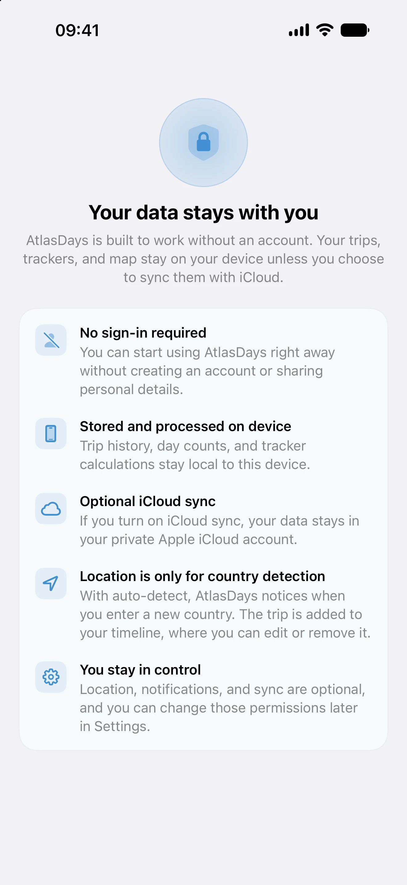 AtlasDays Privacy sheet explaining that travel data stays on the device with optional iCloud sync