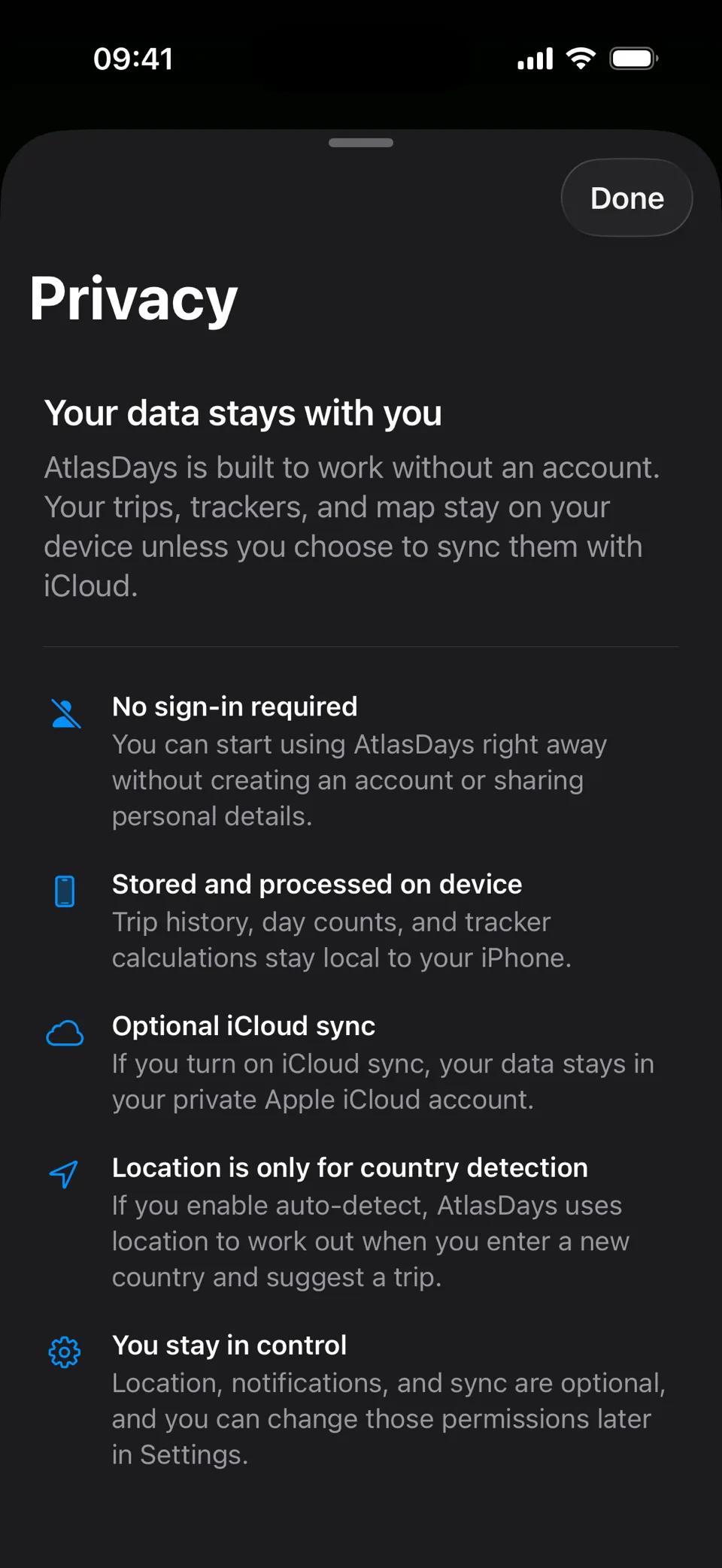 AtlasDays privacy and location screen explaining optional country suggestions and optional iCloud sync