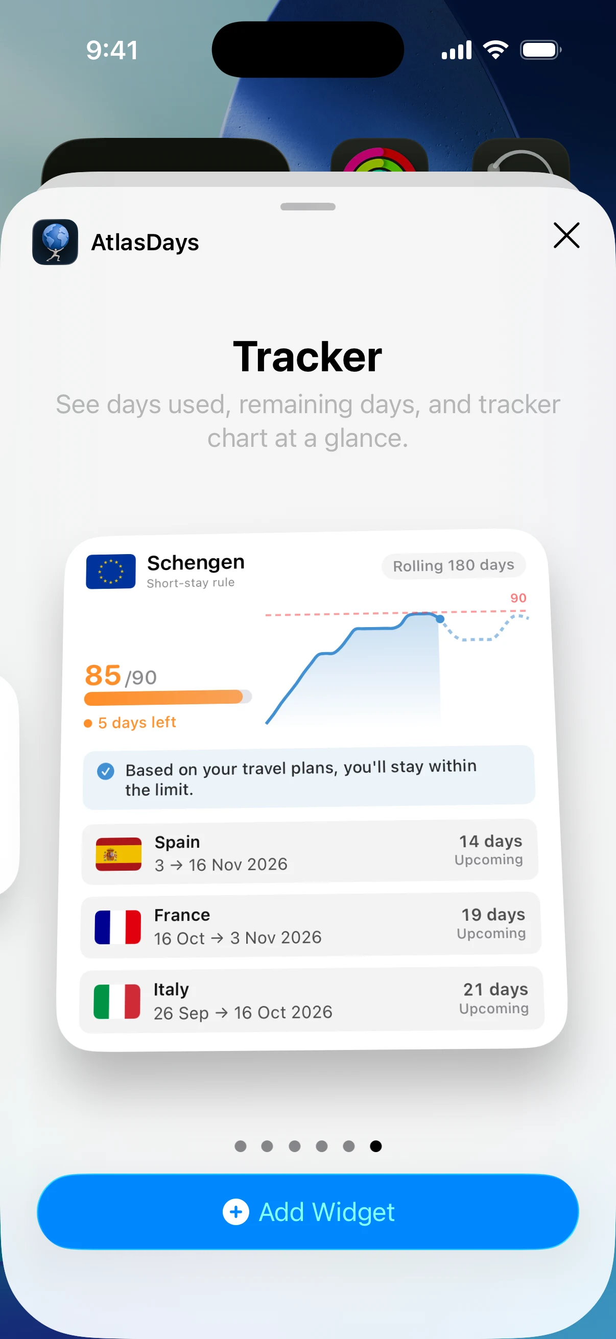 AtlasDays Home Screen widgets showing a Schengen tracker with days used and remaining at a glance