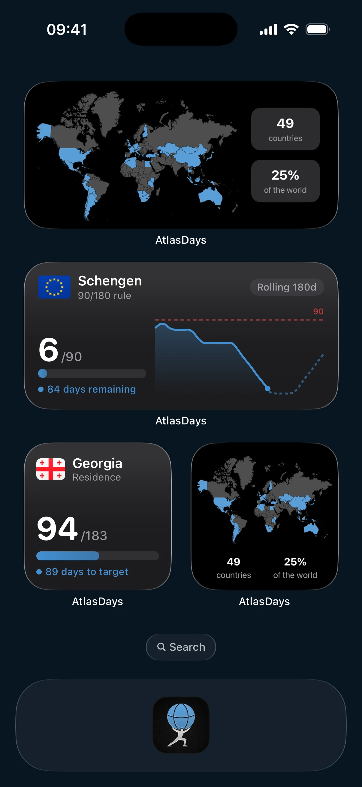 AtlasDays Home Screen widgets showing a Schengen tracker with days used and remaining at a glance