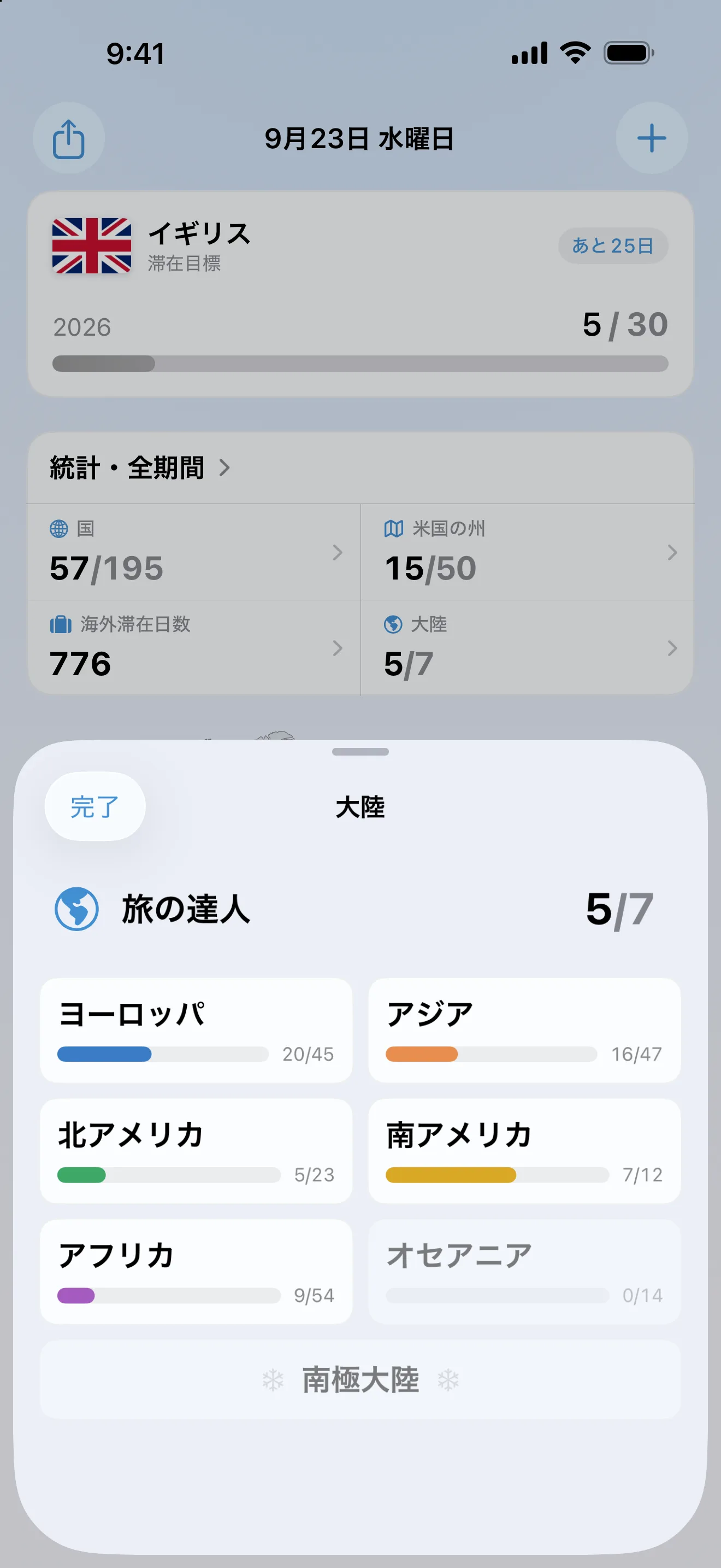 「概要」の統計から開いたAtlasDaysの「大陸」シート。7大陸のうち5大陸で、ヨーロッパ45か国中20か国、アジア47か国中16か国、北アメリカ23か国中5か国、南アメリカ12か国中7か国、アフリカ54か国中9か国