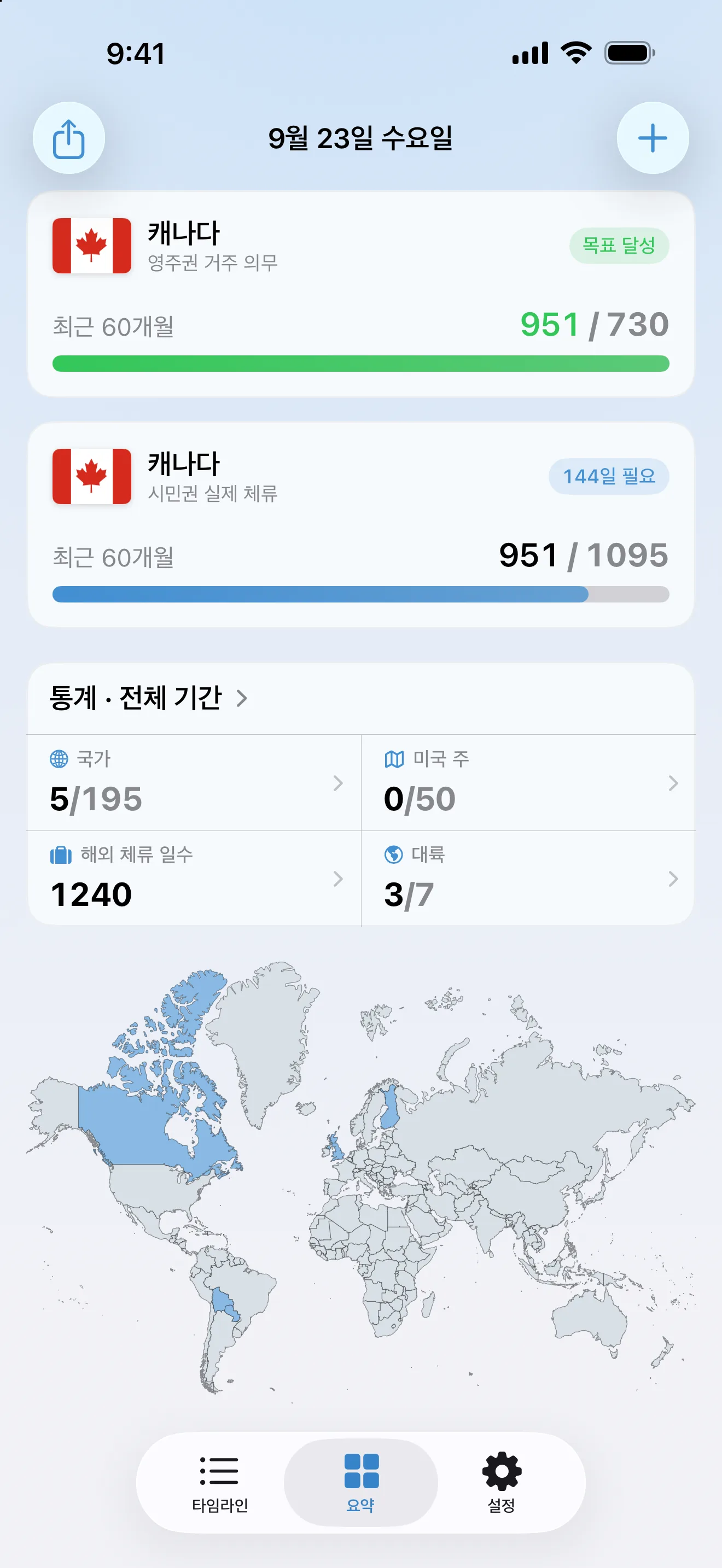 캐나다 트래커 2개가 있는 AtlasDays 요약 화면: 730일 중 951일로 충족한 영주권 거주 의무, 1,095일 중 951일로 144일이 더 필요한 시민권 실제 체류