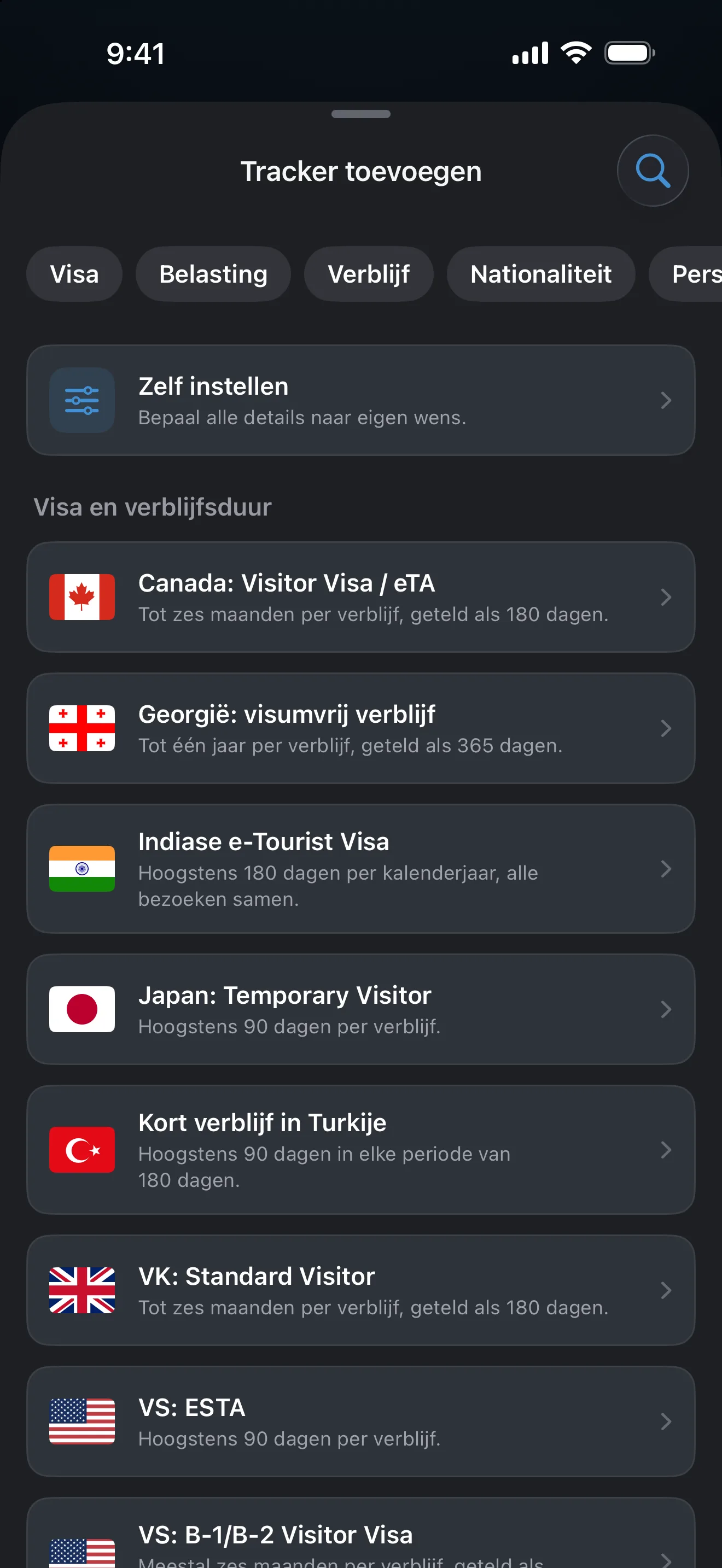 Het scherm Tracker toevoegen met kant-en-klare regels voor visa, verblijf en Amerikaanse staten