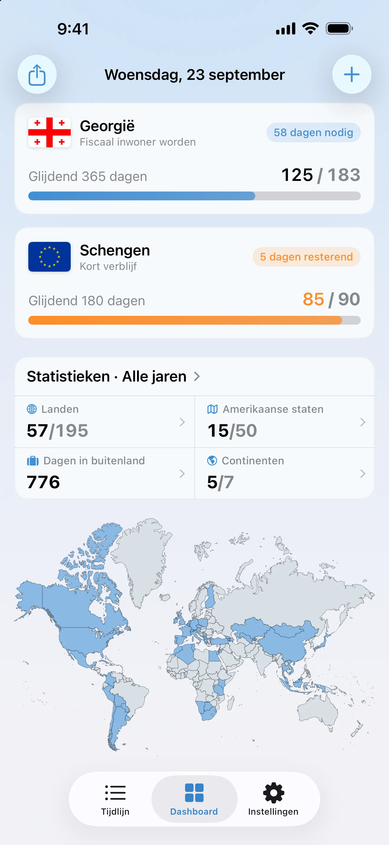 Het AtlasDays-dashboard op woensdag 23 september: een Georgische verblijfstracker, de Schengentracker op 85 van 90 dagen, statistieken over alle jaren en de wereldkaart met bezochte landen