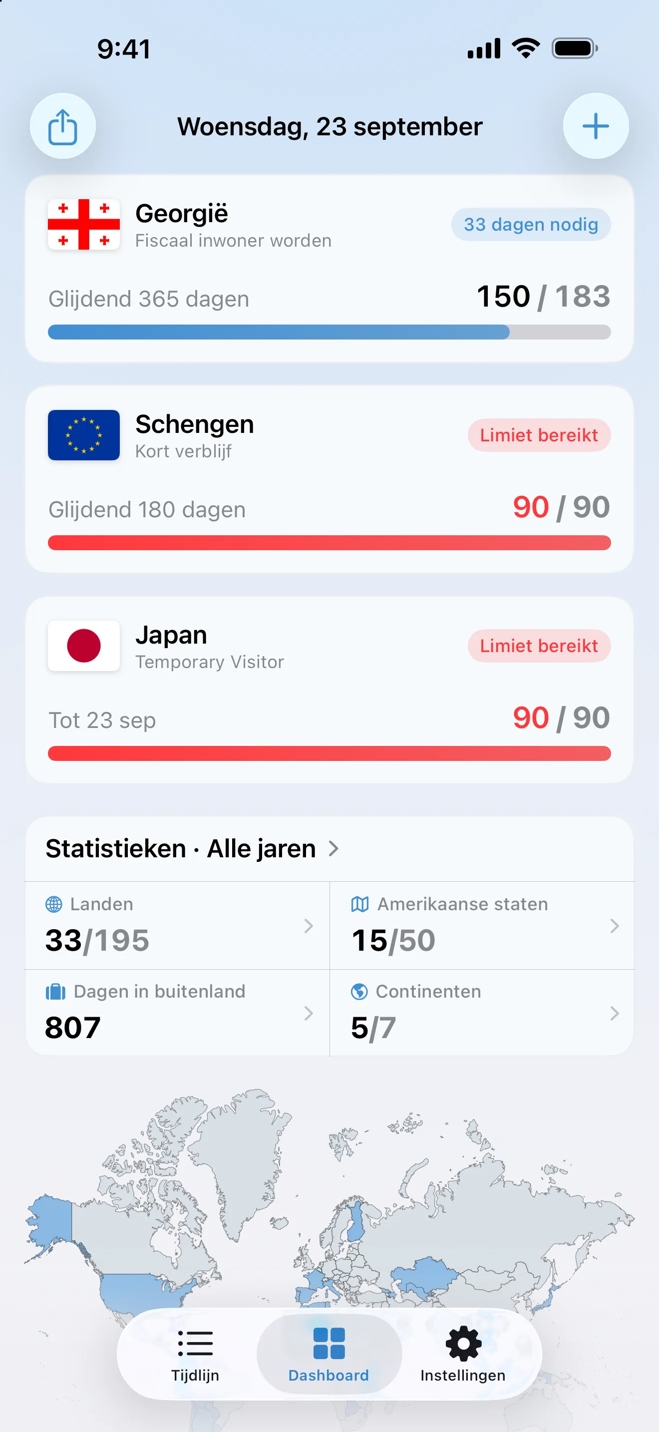 Het AtlasDays-dashboard met de Schengen- en Japan-bezoekerstrackers allebei rood op 90 van 90 dagen, gemarkeerd als Limiet bereikt