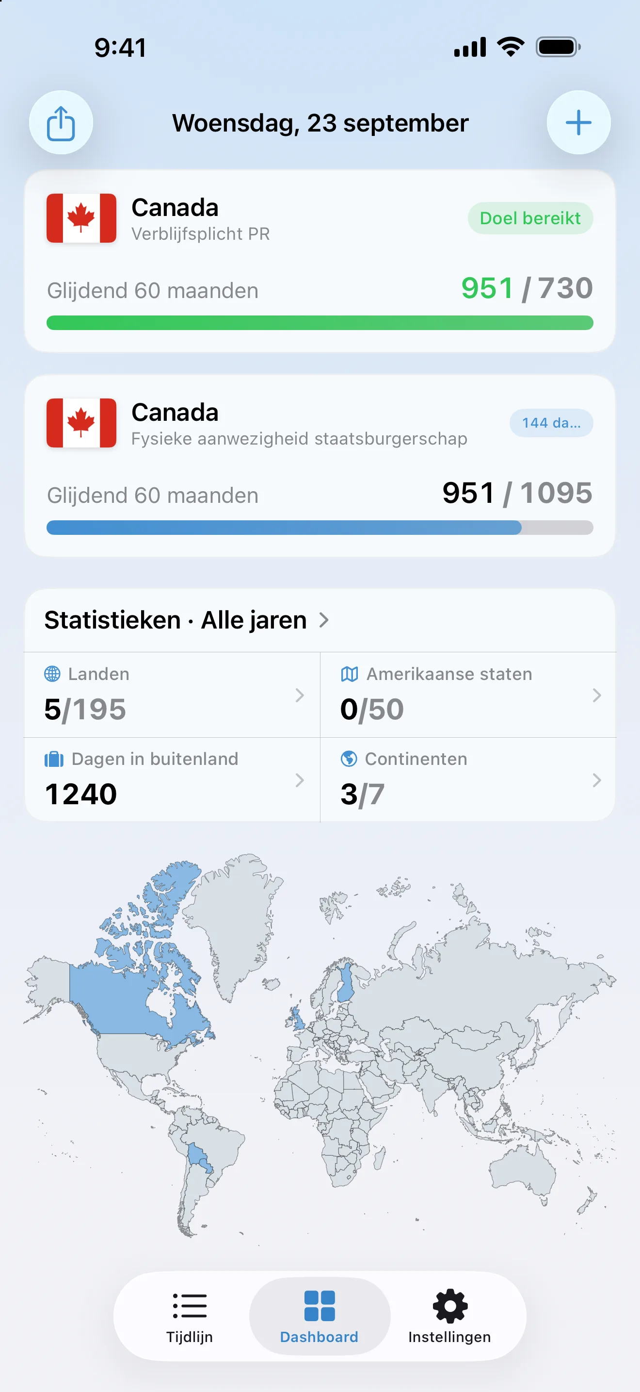Het AtlasDays-dashboard met twee Canadese trackers: de verblijfsplicht voor permanent resident bereikt op 951 van 730 dagen, en fysieke aanwezigheid voor staatsburgerschap op 951 van 1.095 met 144 dagen nodig