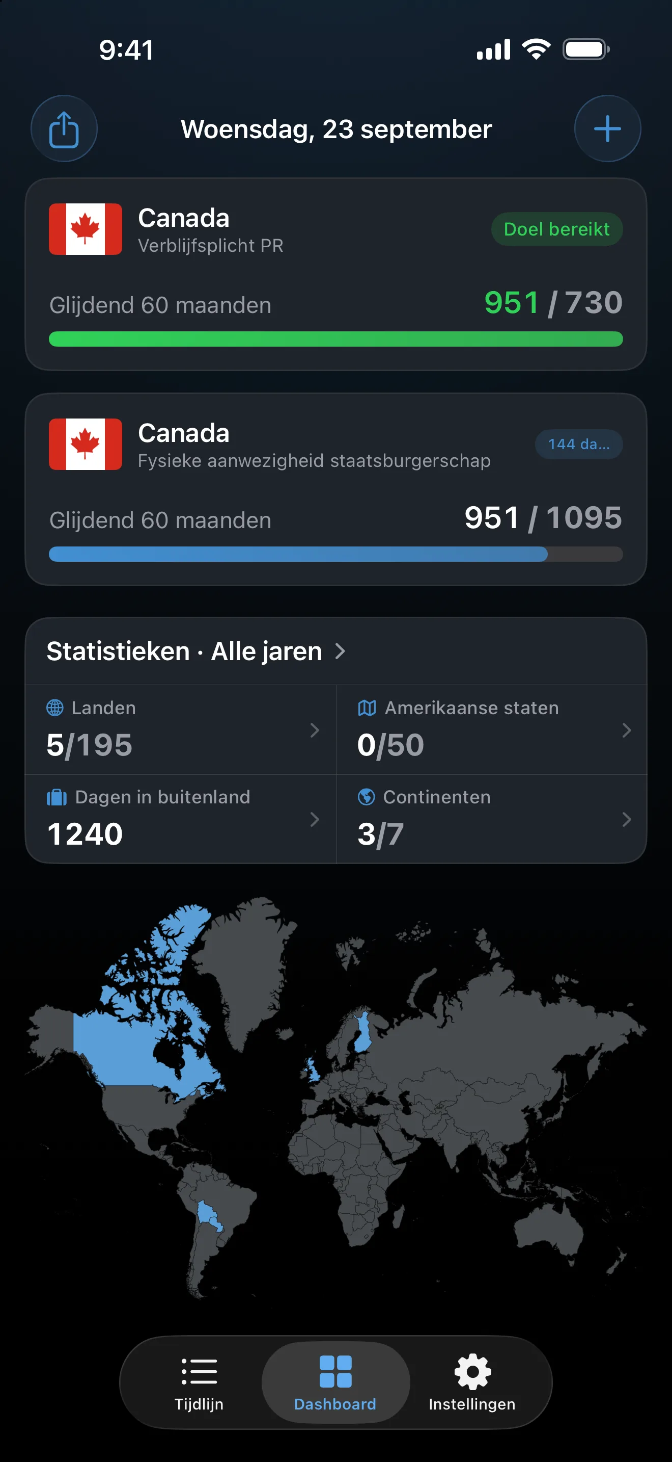 Het AtlasDays-dashboard met twee Canadese trackers: de verblijfsplicht voor permanent resident bereikt op 951 van 730 dagen, en fysieke aanwezigheid voor staatsburgerschap op 951 van 1.095 met 144 dagen nodig