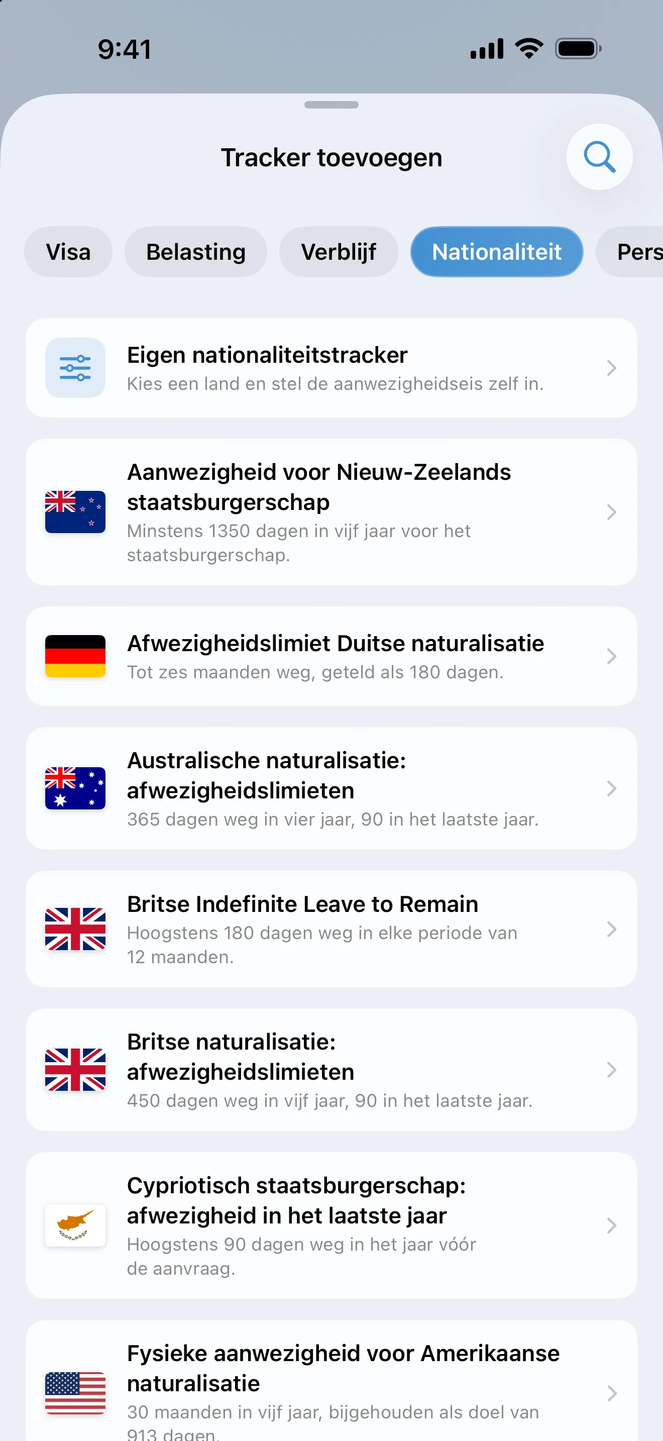 Het scherm Tracker toevoegen in AtlasDays, gefilterd op Nationaliteit, met presets voor Australië, Cyprus, Duitsland, Nieuw-Zeeland, het VK en de VS