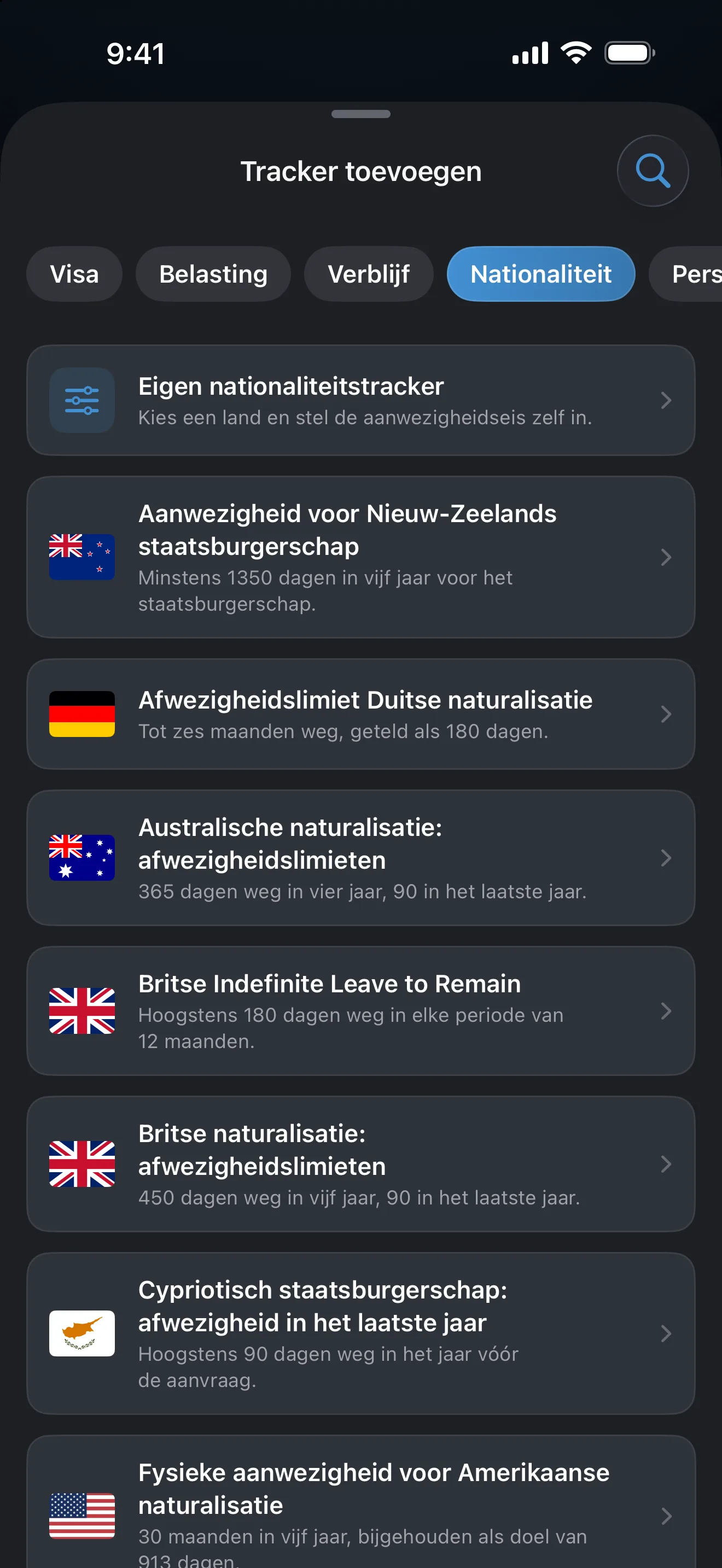 Het scherm Tracker toevoegen in AtlasDays, gefilterd op Nationaliteit, met presets voor Australië, Cyprus, Duitsland, Nieuw-Zeeland, het VK en de VS