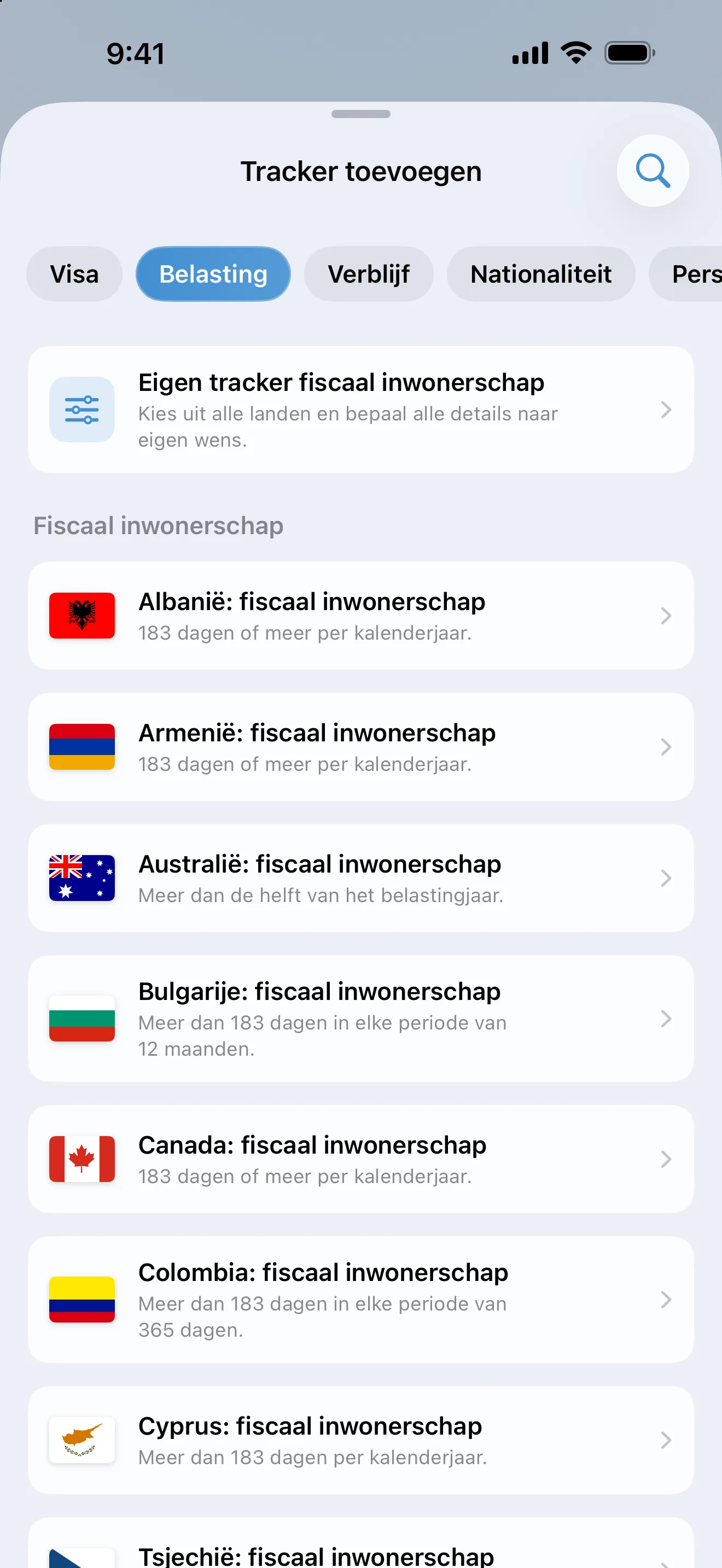 Het scherm Tracker toevoegen in AtlasDays, gefilterd op Belasting, met presets voor fiscaal inwonerschap van Albanië tot Tsjechië en hun dagentoetsen