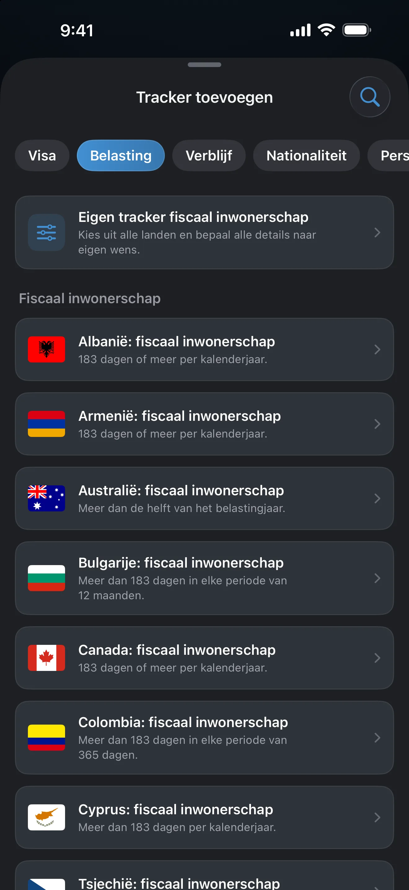 Het scherm Tracker toevoegen in AtlasDays, gefilterd op Belasting, met presets voor fiscaal inwonerschap van Albanië tot Tsjechië en hun dagentoetsen