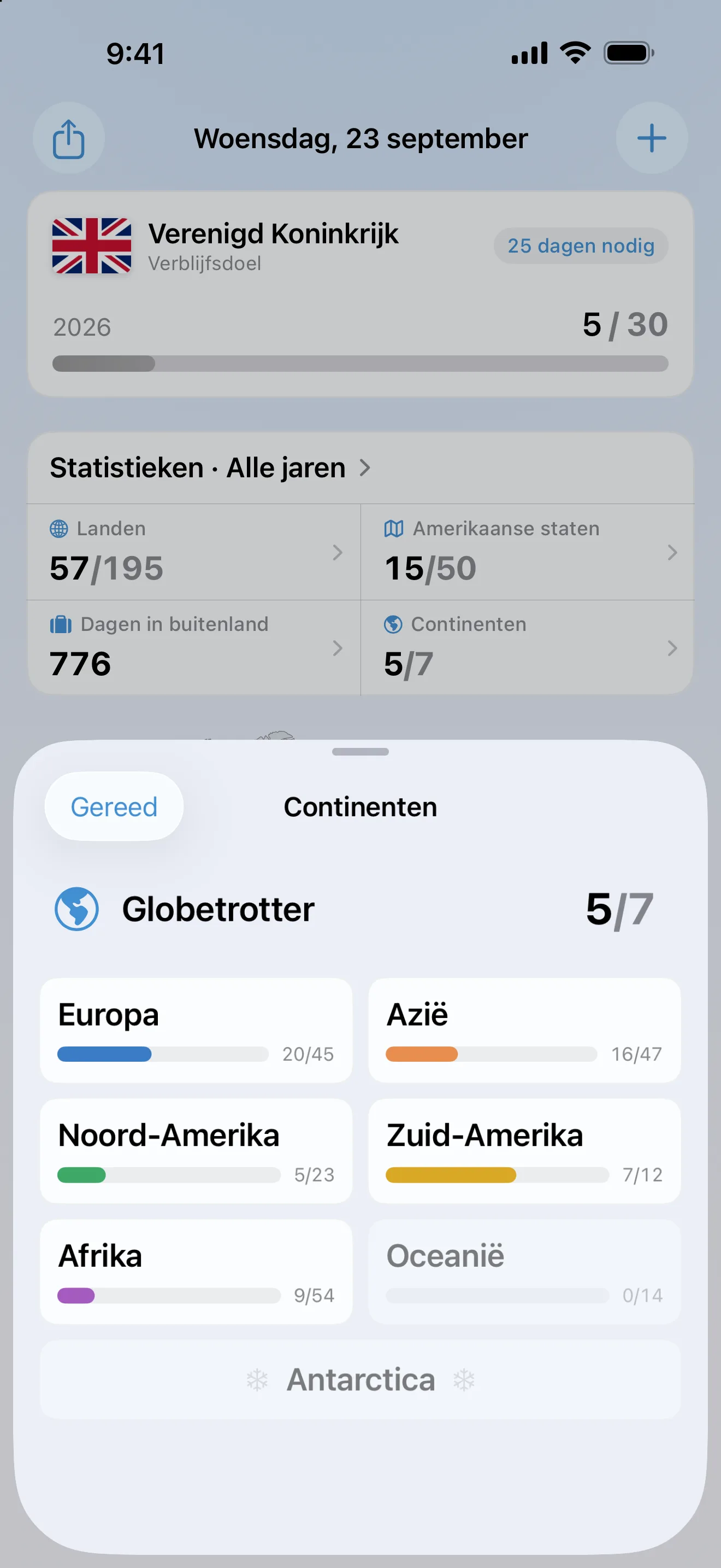 Het venster Continenten van AtlasDays, geopend vanuit de statistieken op het dashboard: 5 van de 7 continenten, met Europa 20 van 45, Azië 16 van 47, Noord-Amerika 5 van 23, Zuid-Amerika 7 van 12 en Afrika 9 van 54