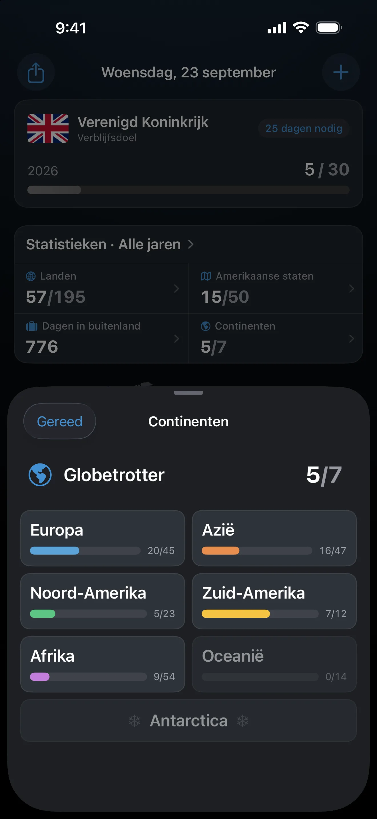 Het venster Continenten van AtlasDays, geopend vanuit de statistieken op het dashboard: 5 van de 7 continenten, met Europa 20 van 45, Azië 16 van 47, Noord-Amerika 5 van 23, Zuid-Amerika 7 van 12 en Afrika 9 van 54