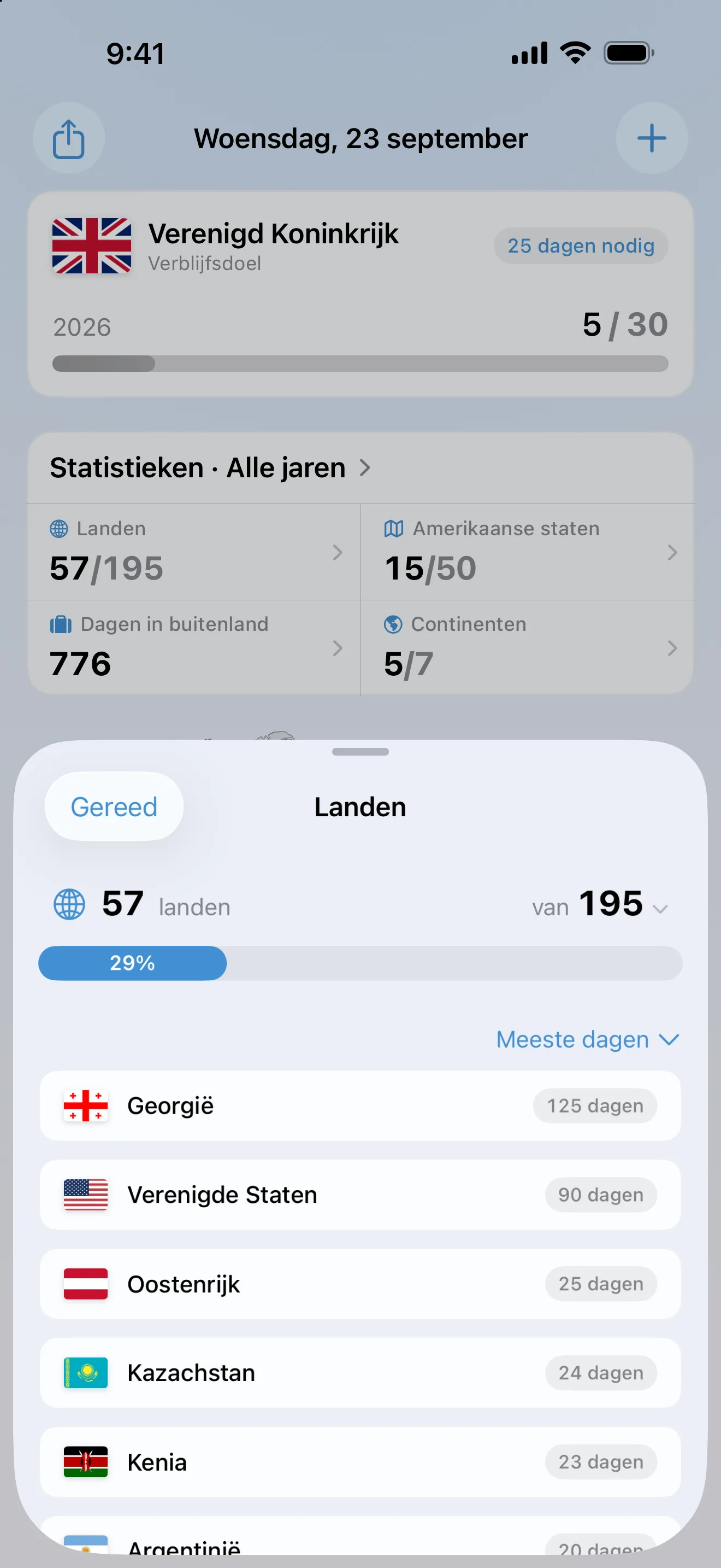 Het venster Landen van AtlasDays: 57 van de 195 landen, 29 procent, gesorteerd op de meeste dagen, met Georgië bovenaan met 125 dagen en de Verenigde Staten met 90