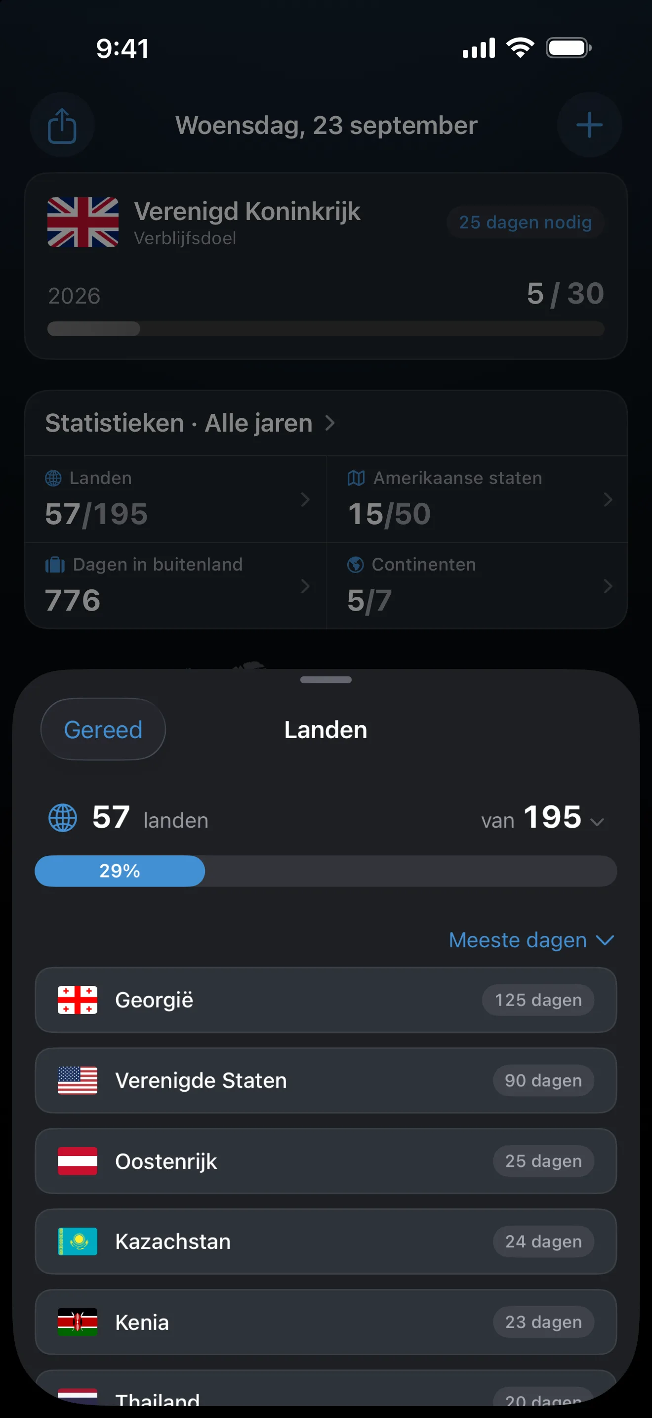 Het venster Landen van AtlasDays: 57 van de 195 landen, 29 procent, gesorteerd op de meeste dagen, met Georgië bovenaan met 125 dagen en de Verenigde Staten met 90