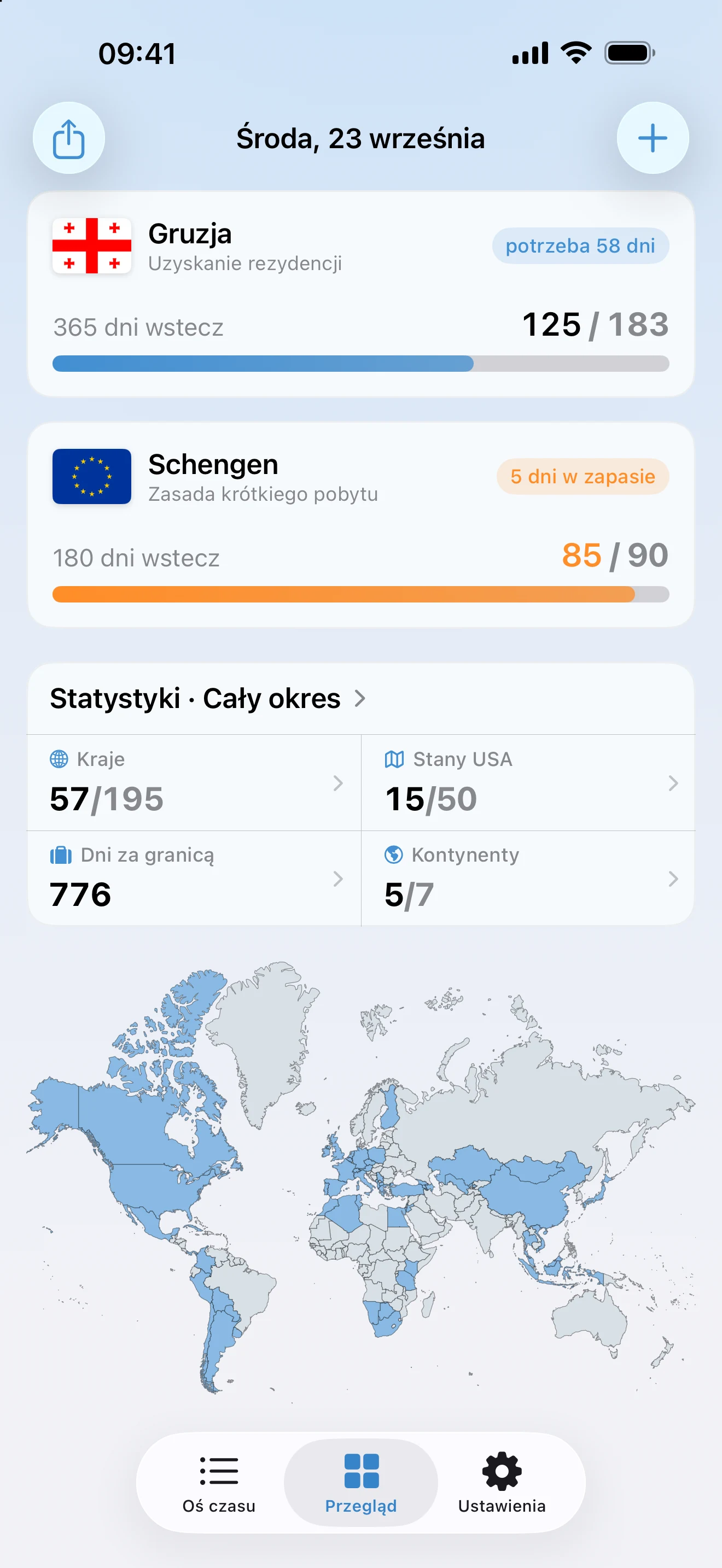 Przegląd w AtlasDays w środę 23 września: tracker rezydencji w Gruzji, tracker Schengen z wynikiem 85 z 90 dni, statystyki z całego okresu i mapa świata z odwiedzonymi krajami