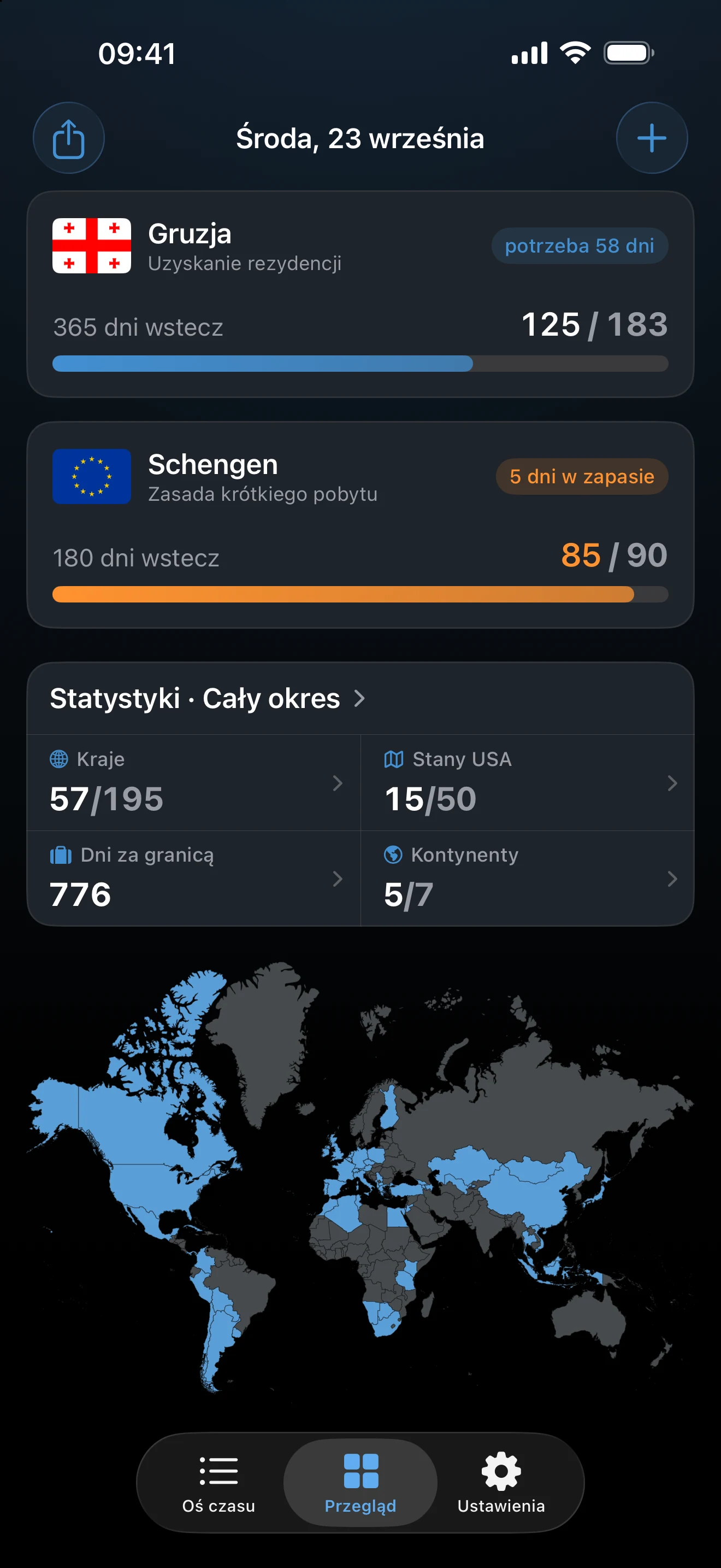 Przegląd w AtlasDays w środę 23 września: tracker rezydencji w Gruzji, tracker Schengen z wynikiem 85 z 90 dni, statystyki z całego okresu i mapa świata z odwiedzonymi krajami