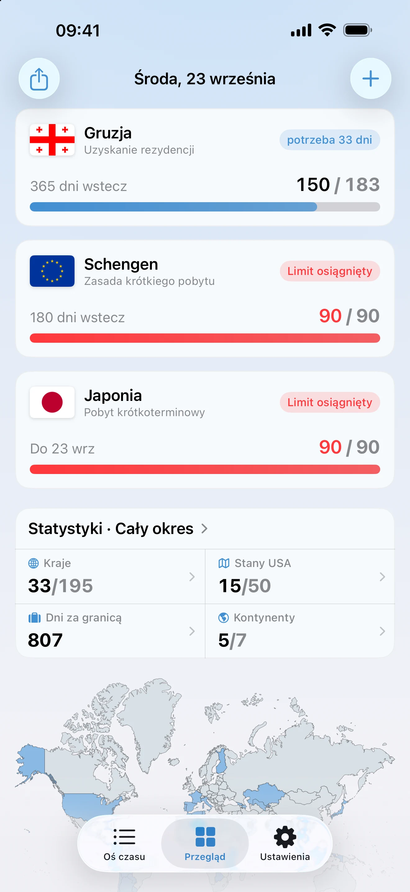 Przegląd w AtlasDays z trackerami Schengen i pobytu turystycznego w Japonii, oba na czerwono przy 90 z 90 dni, z oznaczeniem „Limit osiągnięty”