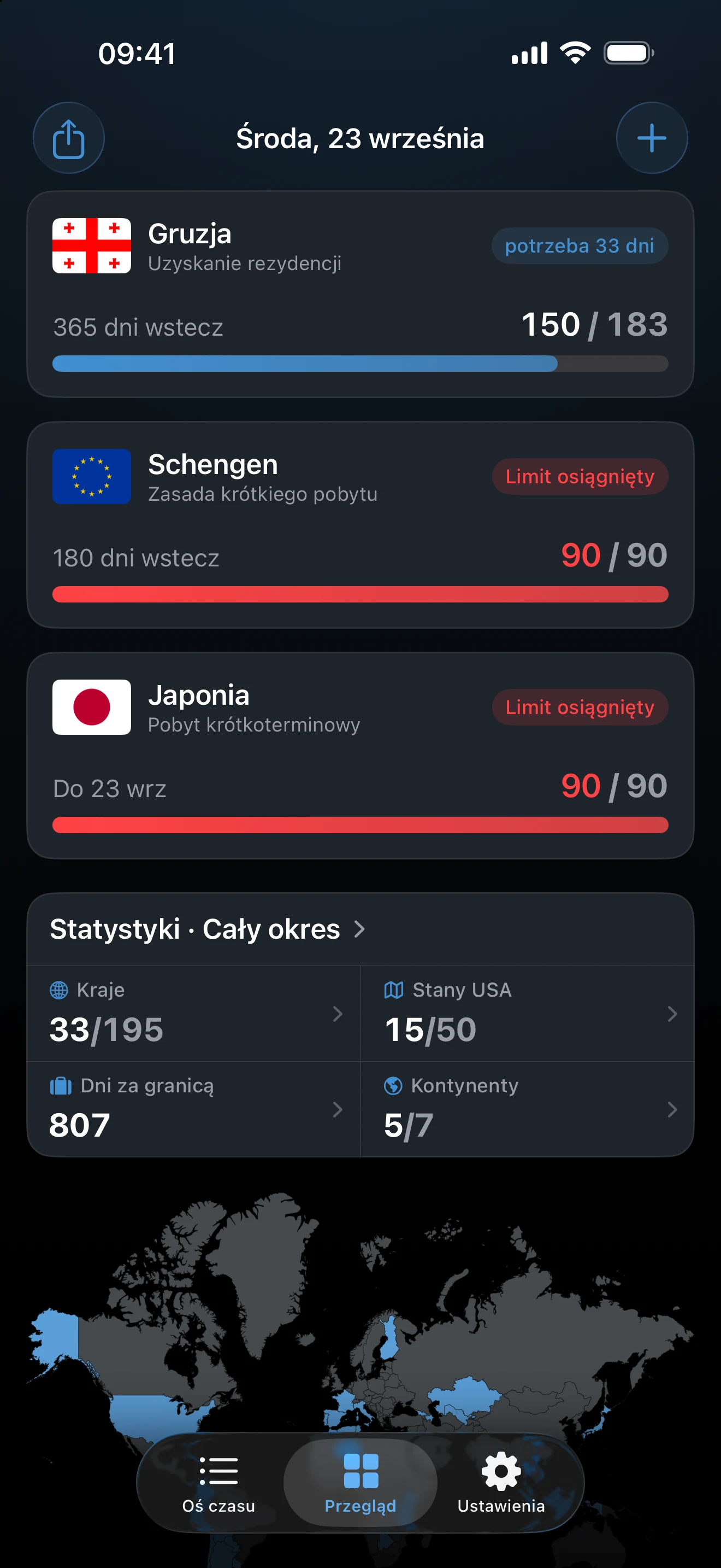 Przegląd w AtlasDays z trackerami Schengen i pobytu turystycznego w Japonii, oba na czerwono przy 90 z 90 dni, z oznaczeniem „Limit osiągnięty”