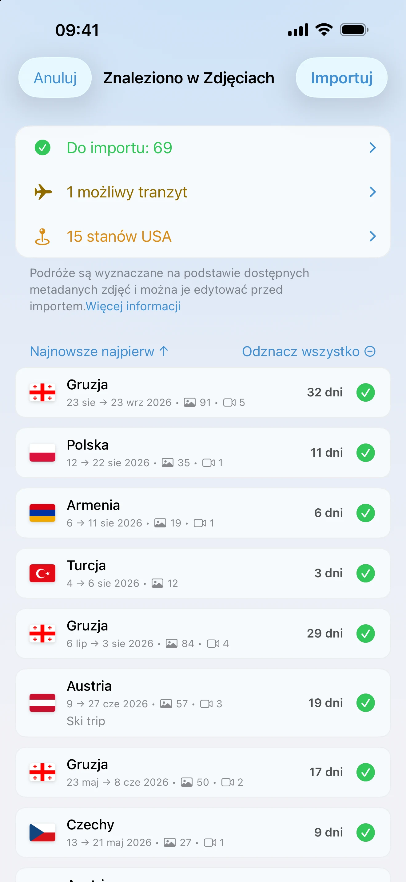 Przegląd importu ze Zdjęć: podróże znalezione w bibliotece zdjęć, gotowe do sprawdzenia przed zapisaniem