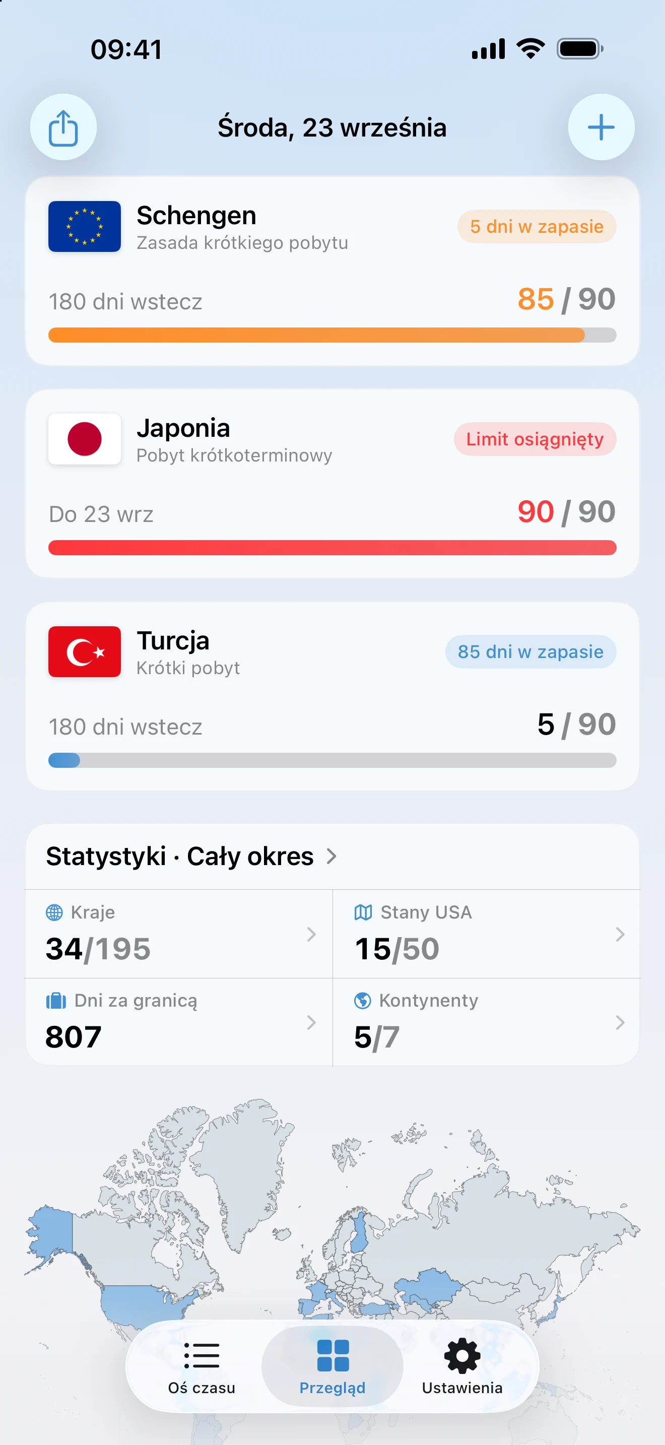 Przegląd w AtlasDays z trzema trackerami wizowymi: Schengen na pomarańczowo przy 85 z 90 dni, pobyt krótkoterminowy w Japonii na czerwono przy limicie i Turcja przy 5 z 90