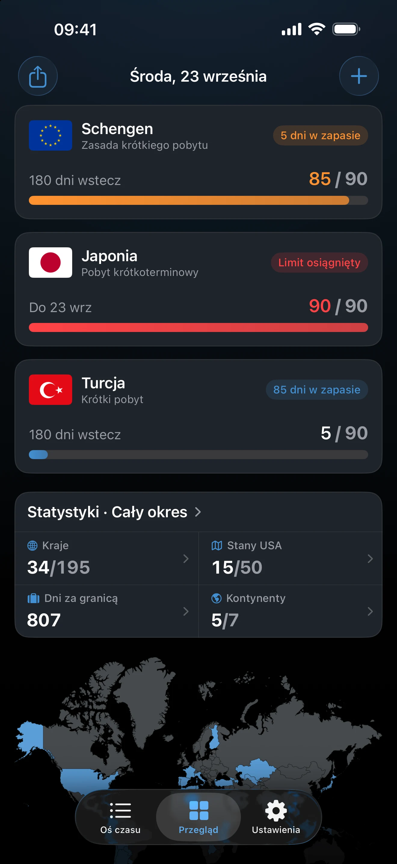 Przegląd w AtlasDays z trzema trackerami wizowymi: Schengen na pomarańczowo przy 85 z 90 dni, pobyt krótkoterminowy w Japonii na czerwono przy limicie i Turcja przy 5 z 90