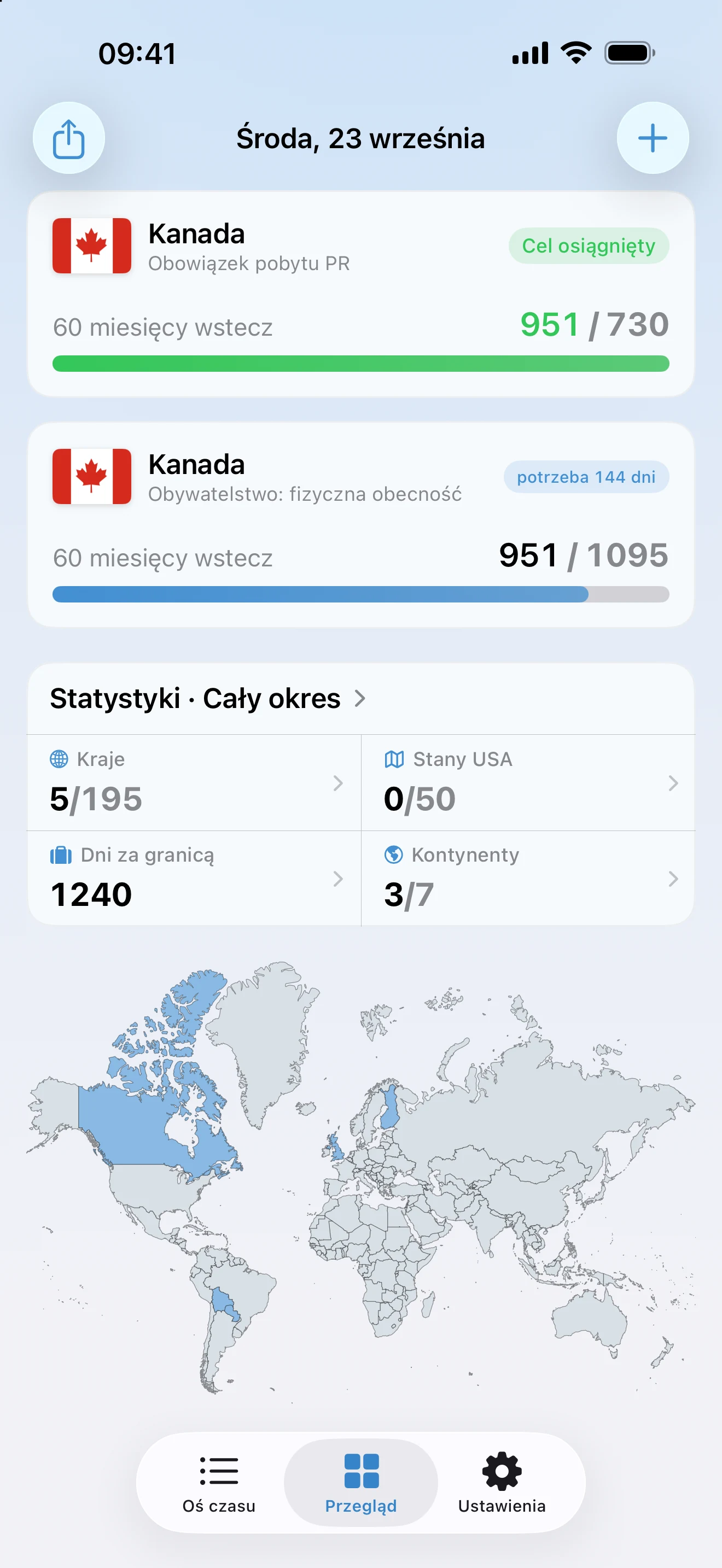 Przegląd w AtlasDays z dwoma kanadyjskimi trackerami: obowiązek pobytu PR spełniony przy 951 z 730 dni i fizyczna obecność przed obywatelstwem: 951 z 1 095 dni, brakuje 144 dni
