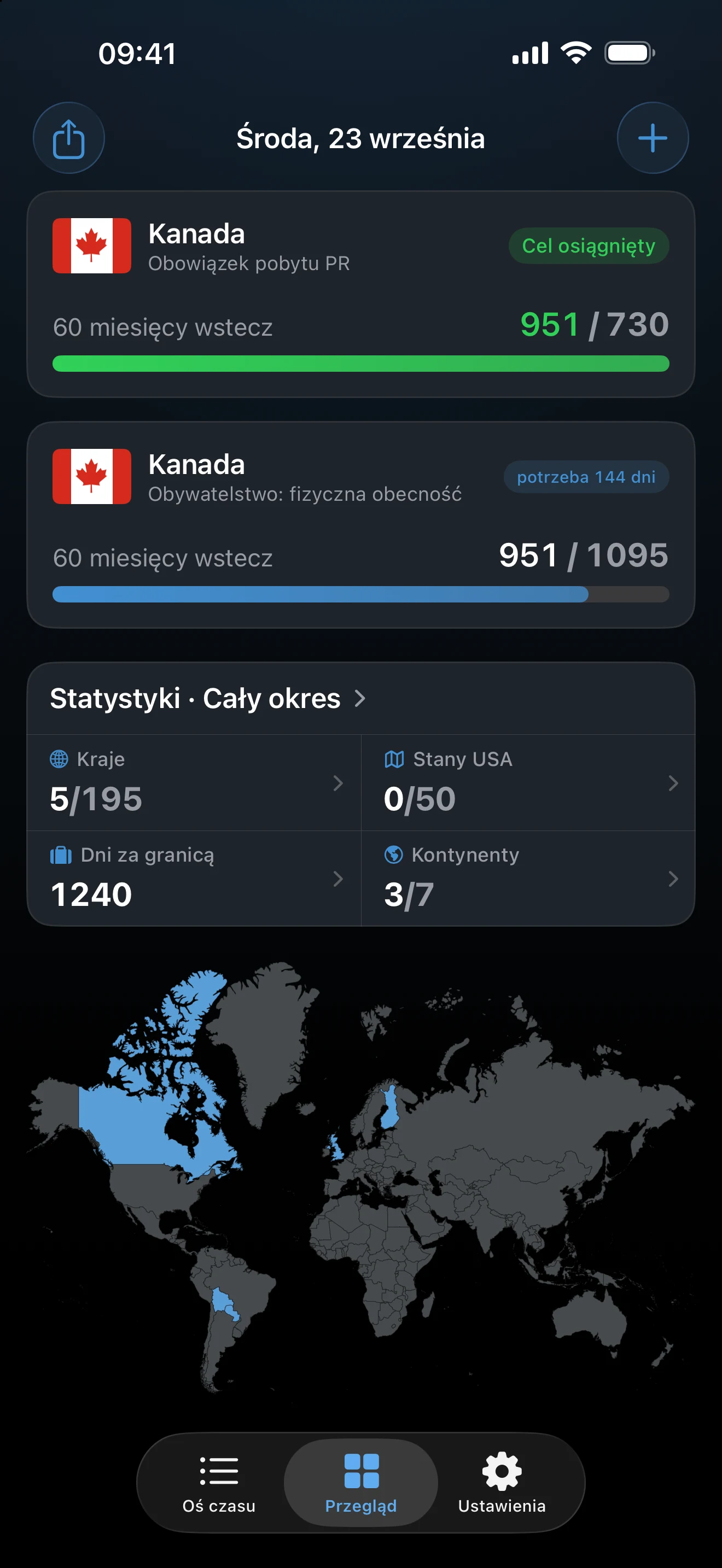 Przegląd w AtlasDays z dwoma kanadyjskimi trackerami: obowiązek pobytu PR spełniony przy 951 z 730 dni i fizyczna obecność przed obywatelstwem: 951 z 1 095 dni, brakuje 144 dni