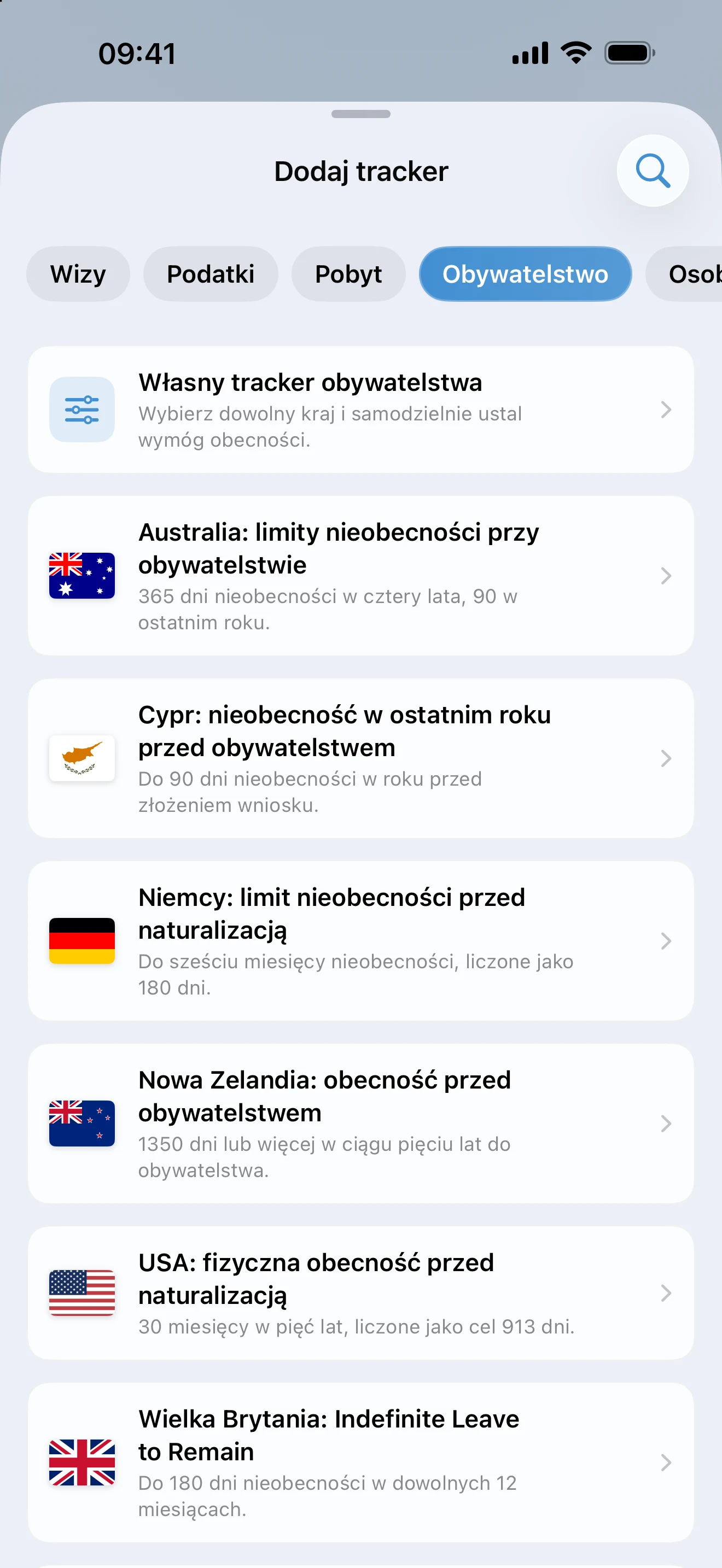 Ekran „Dodaj tracker” w AtlasDays z filtrem „Obywatelstwo” i szablonami dla Australii, Cypru, Niemiec, Nowej Zelandii, Wielkiej Brytanii i USA