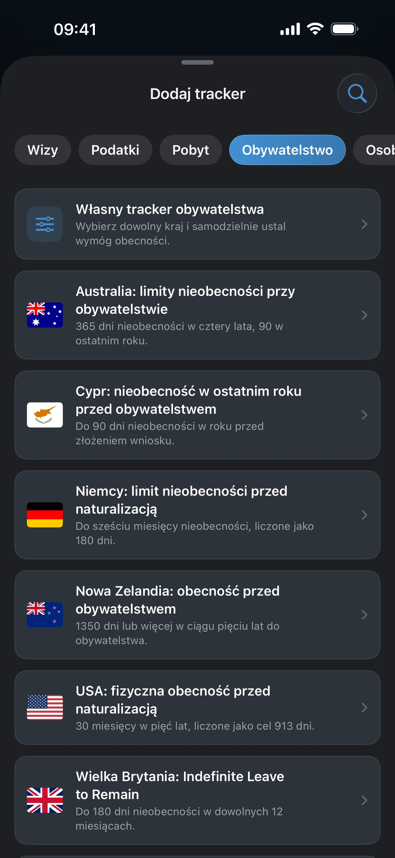 Ekran „Dodaj tracker” w AtlasDays z filtrem „Obywatelstwo” i szablonami dla Australii, Cypru, Niemiec, Nowej Zelandii, Wielkiej Brytanii i USA