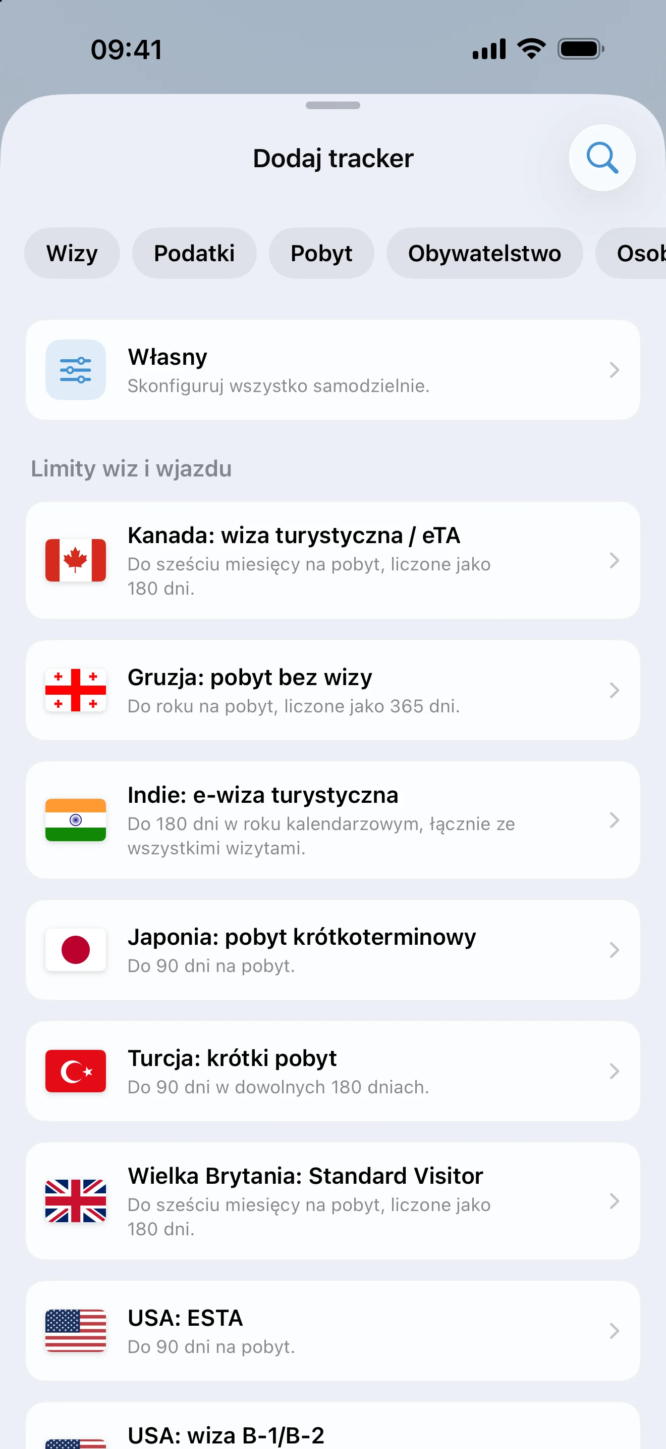 Ekran „Dodaj tracker” w AtlasDays z filtrami wiz, podatków, pobytu i obywatelstwa nad gotowymi zasadami dla wiz i limitów wjazdu