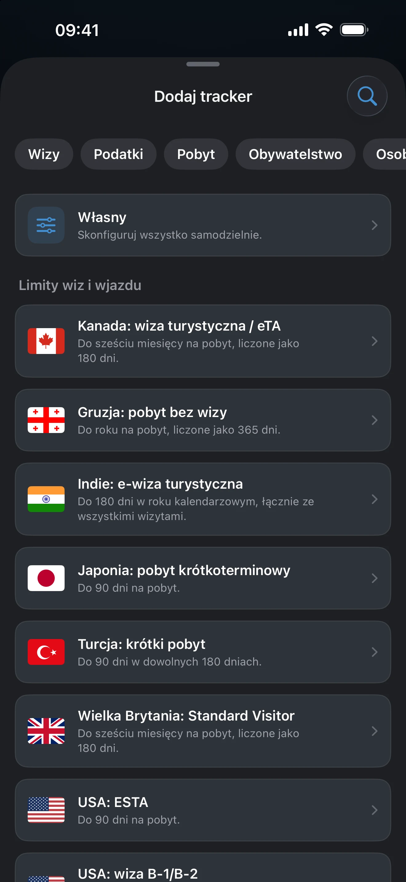 Ekran „Dodaj tracker” w AtlasDays z filtrami wiz, podatków, pobytu i obywatelstwa nad gotowymi zasadami dla wiz i limitów wjazdu