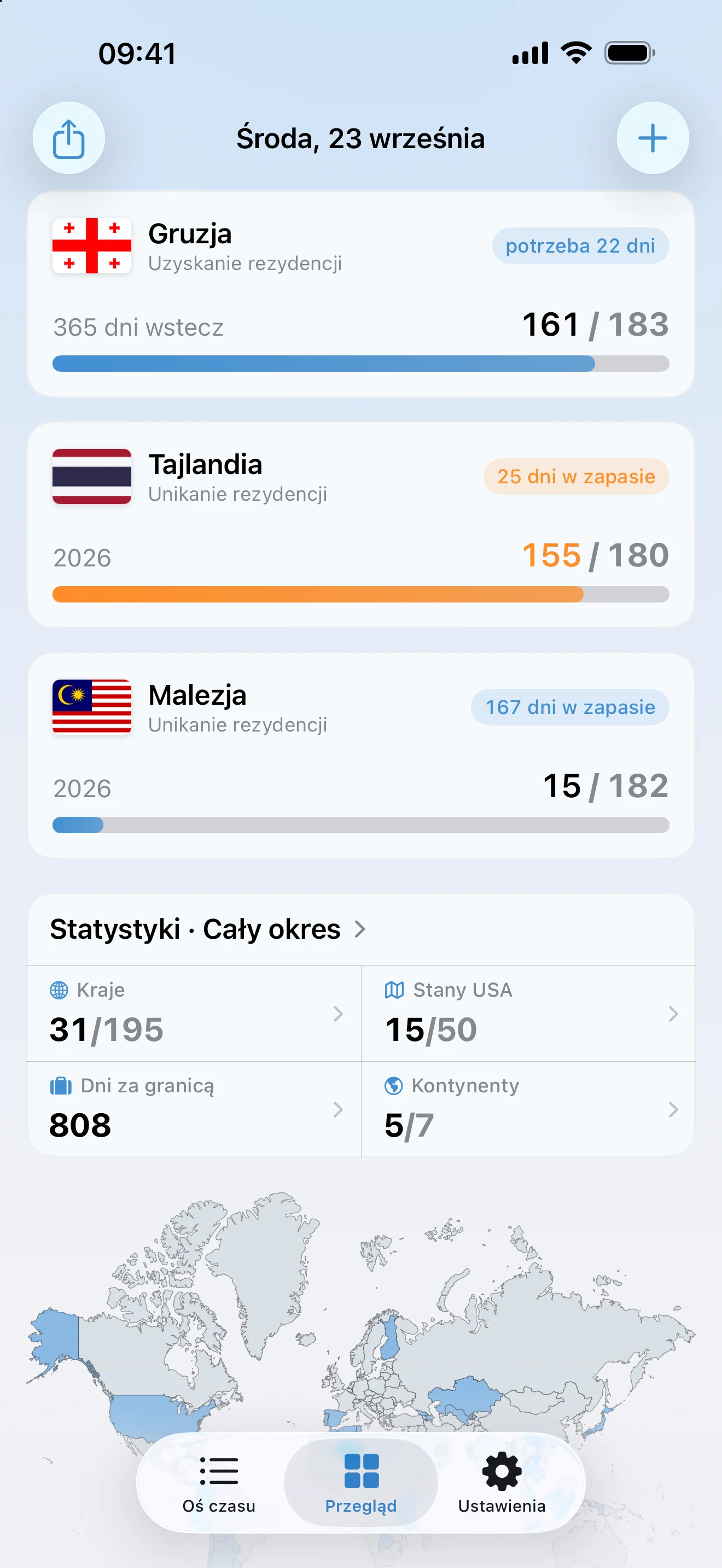 Przegląd w AtlasDays z trzema trackerami rezydencji podatkowej: Gruzja: 161 ze 183 dni, brakuje 22 dni; Tajlandia na pomarańczowo: 155 ze 180; Malezja: 15 ze 182